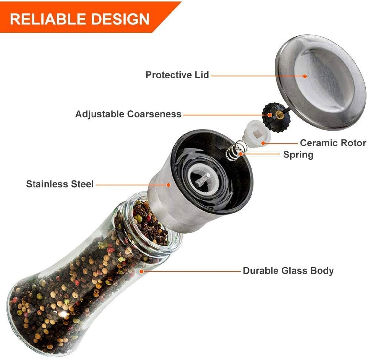 Image of Onprix Stainless Steel Salt and Black Pepper Mill Grinder Shakers Glass Traditional Pepper Mill