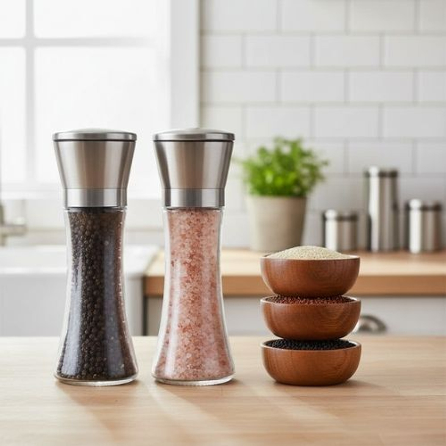 Image of Baskety Pepper Grinder Glass Salt or Pepper, Set of 2 Big Glass Squeeze Mill