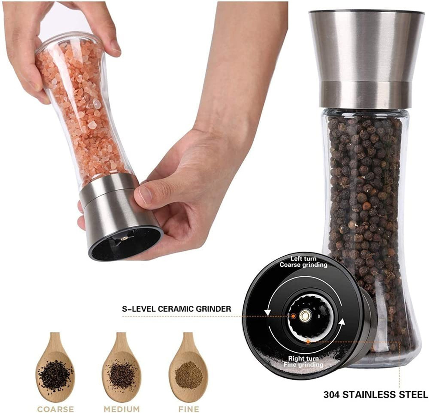 Image of Onprix Stainless Steel Salt and Black Pepper Mill Grinder Shakers Glass Traditional Pepper Mill