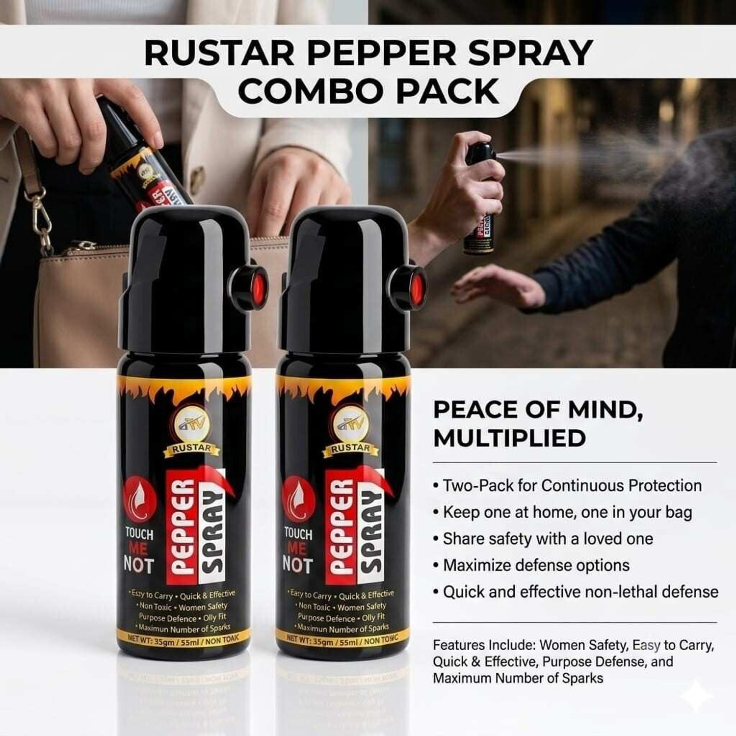 Image of RUSTAR Pepper Spray for Women Safety- Self Defense Spray (55ml each, Pack of 2) Pepper Stream Spray