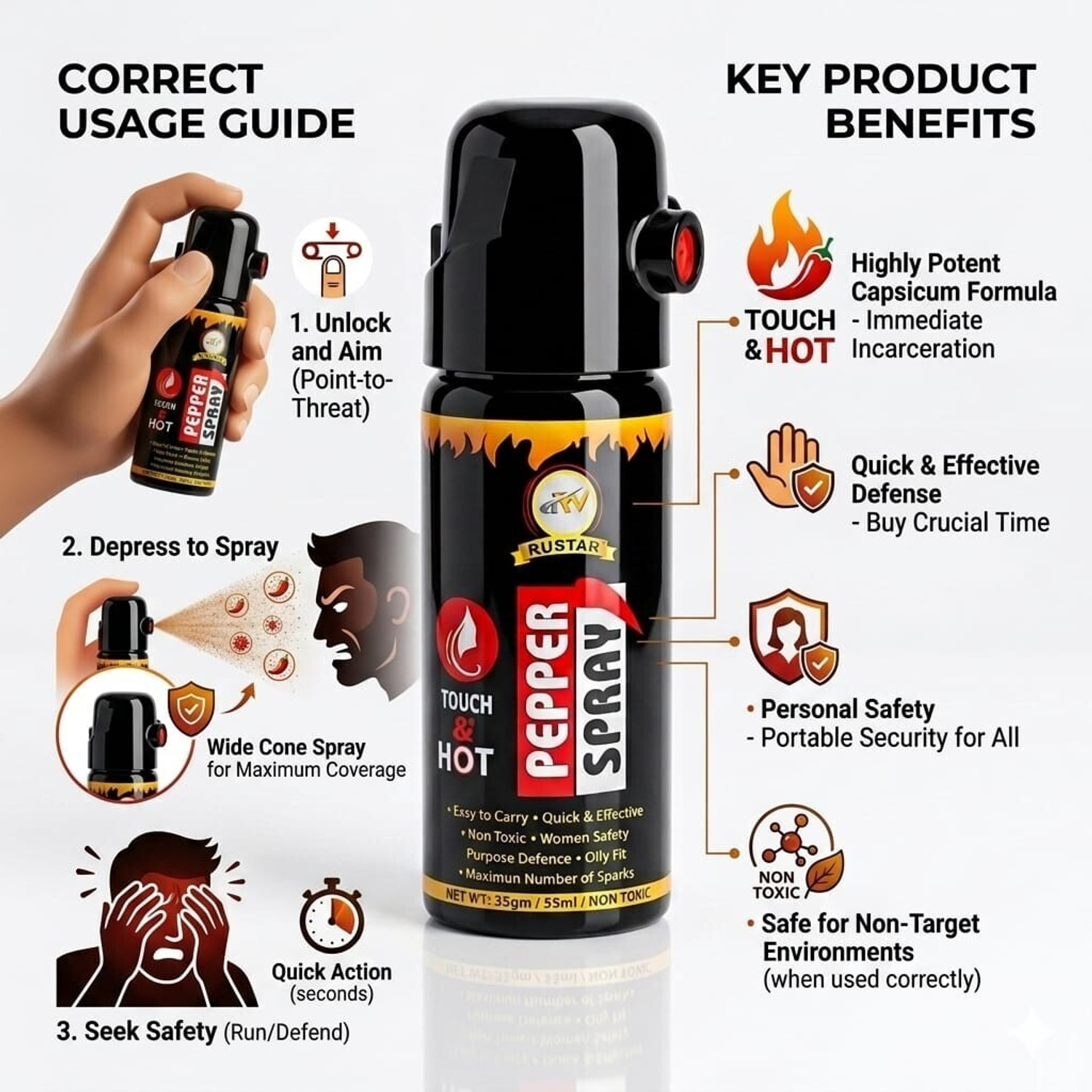 Image of RUSTAR Pepper Spray for Women Safety- Self Defense Spray (55ml each, Pack of 2) Pepper Stream Spray