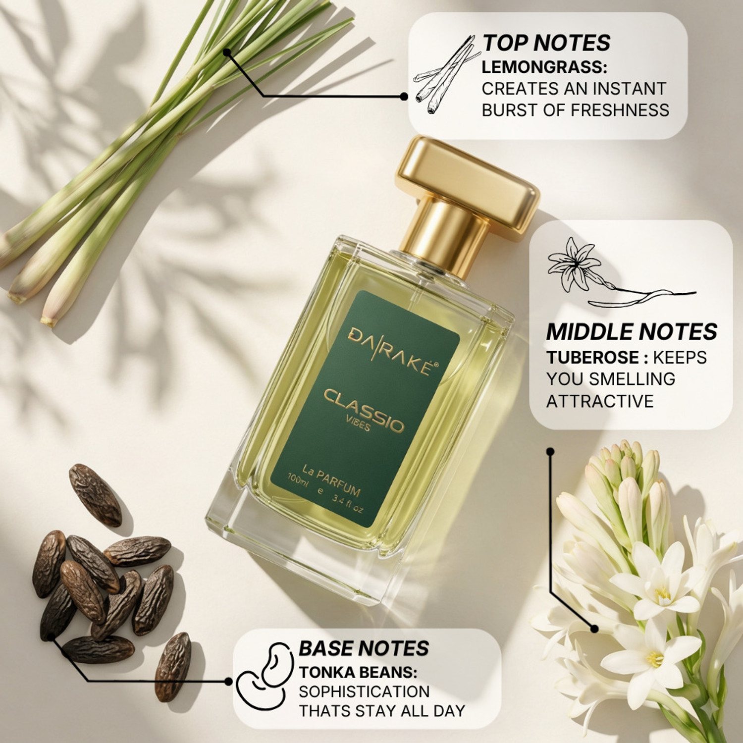 Image of DA RAKE Classio Vibes Perfume for 12 Hours Long Lasting | Lemon Grass & Tonka Bean Perfume - 100 ml
