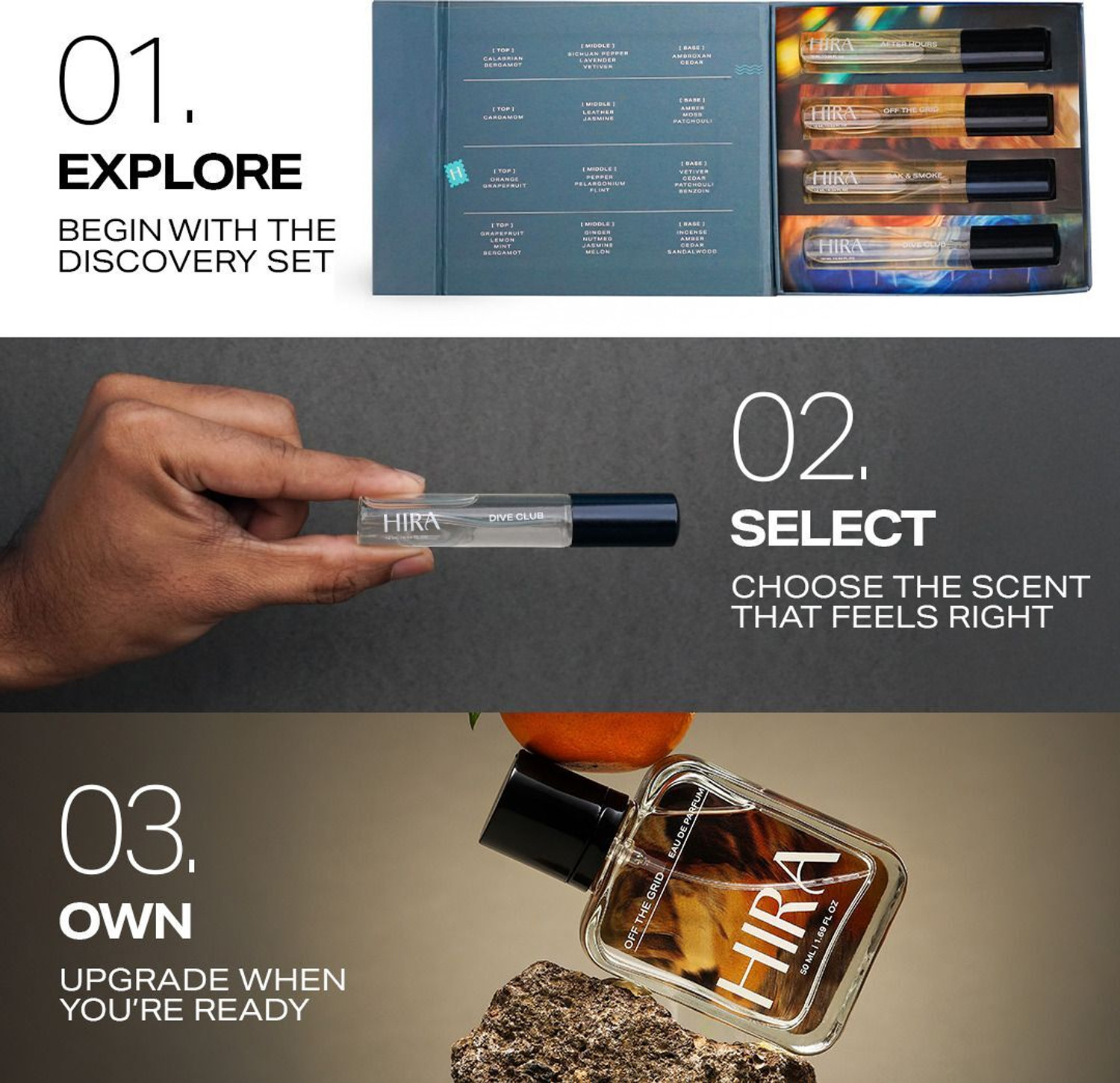 Image of HIRA Discovery Set 4 Luxury Perfume - DiveClub, Oak & Smoke, Off the Grid, AfterHours Eau de Parfum - 40 ml