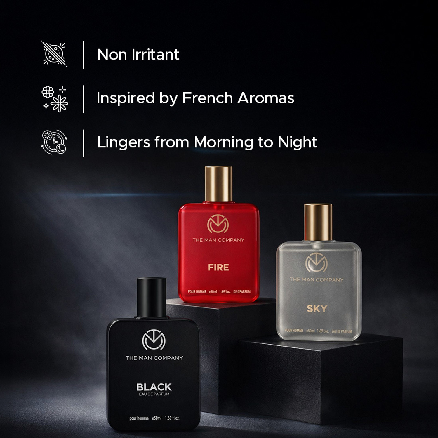 Image of THE MAN COMPANY Perfume for Men | Long lasting perfume (3x50ml) Black, Sky, Fire + Travel Pouch| Eau de Parfum - 150 ml