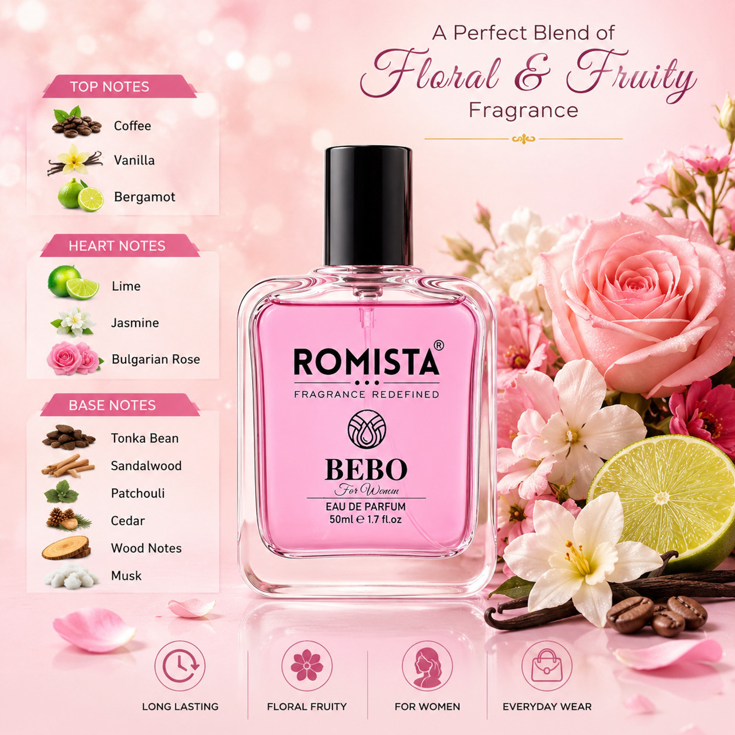 Image of Romista Bebo Long Lasting Perfume with Vanilla, Jasmine and Patchouli Notes Eau de Parfum - 50 ml (For Women)