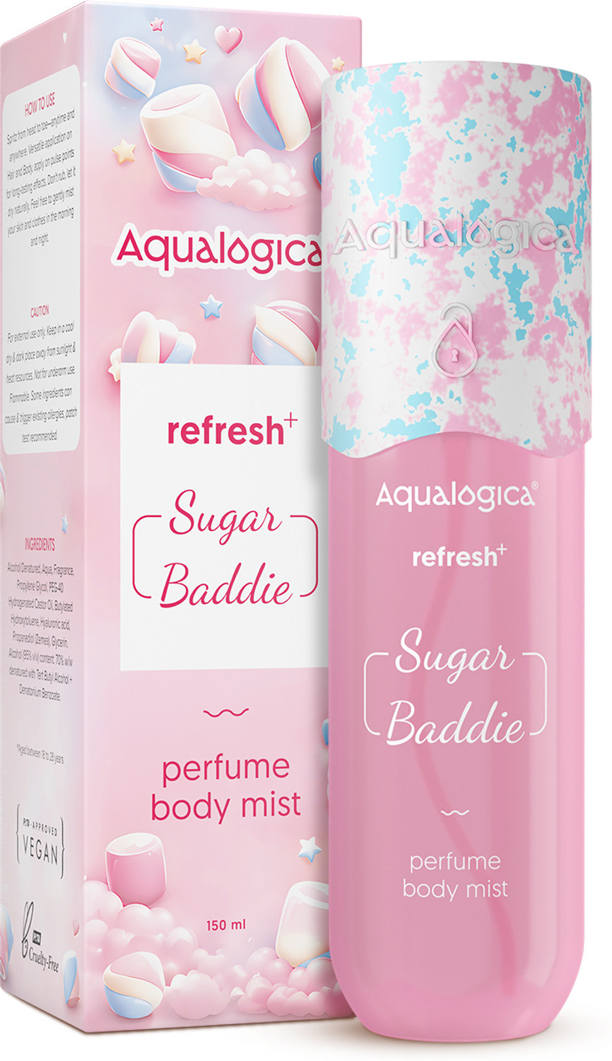 Image of Aqualogica Refresh+ Perfume Body Mist - Sugar Baddie Delicious Marshmallow Fragrance Eau de Parfum - 150 ml