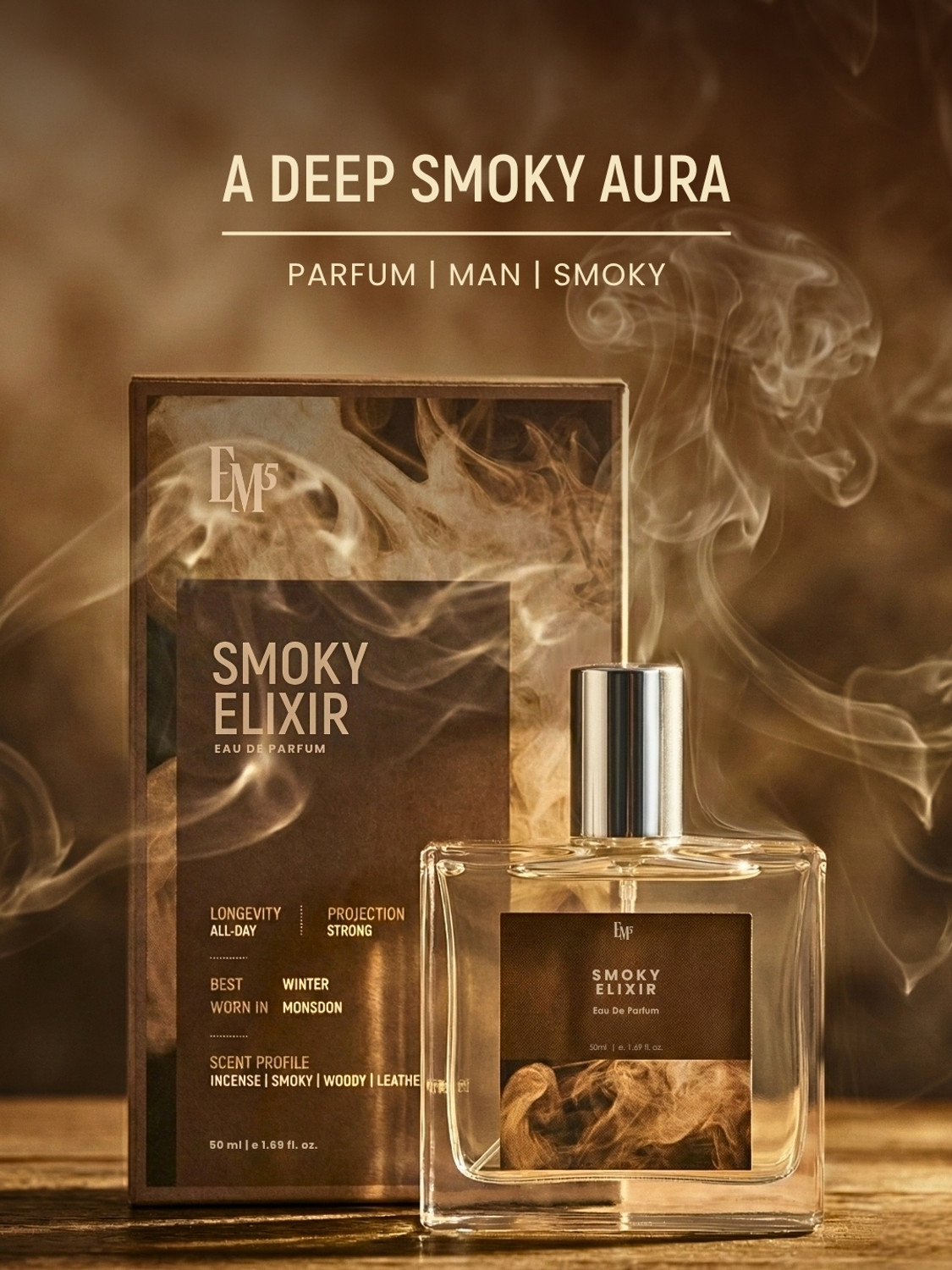 Image of Em5 Smoky Elixir EDP Perfume for Men | Incense, Smoky, Woody, Leather Fragrance | Eau de Parfum - 50 ml