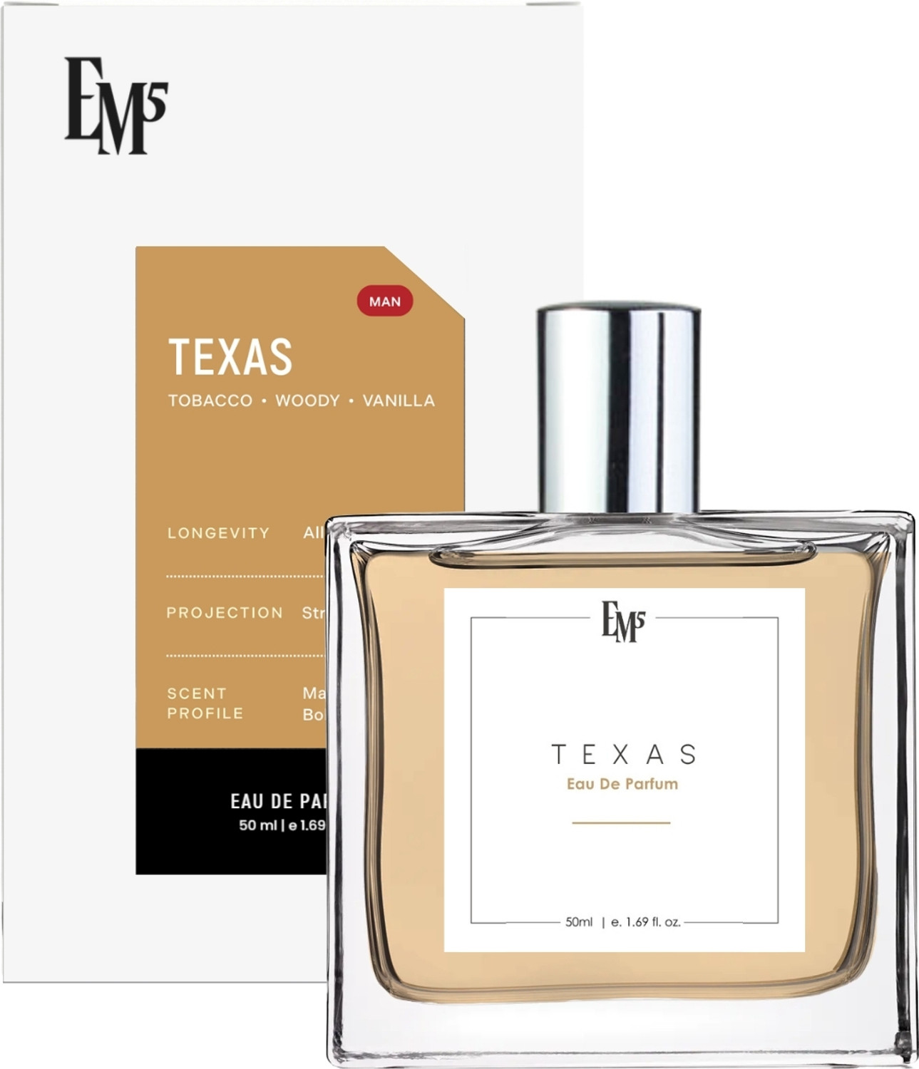 Image of Em5 Texas Perfume for Men |Spicy Woody Sweet Aromatic Fragrance | Eau de Parfum - 50 ml