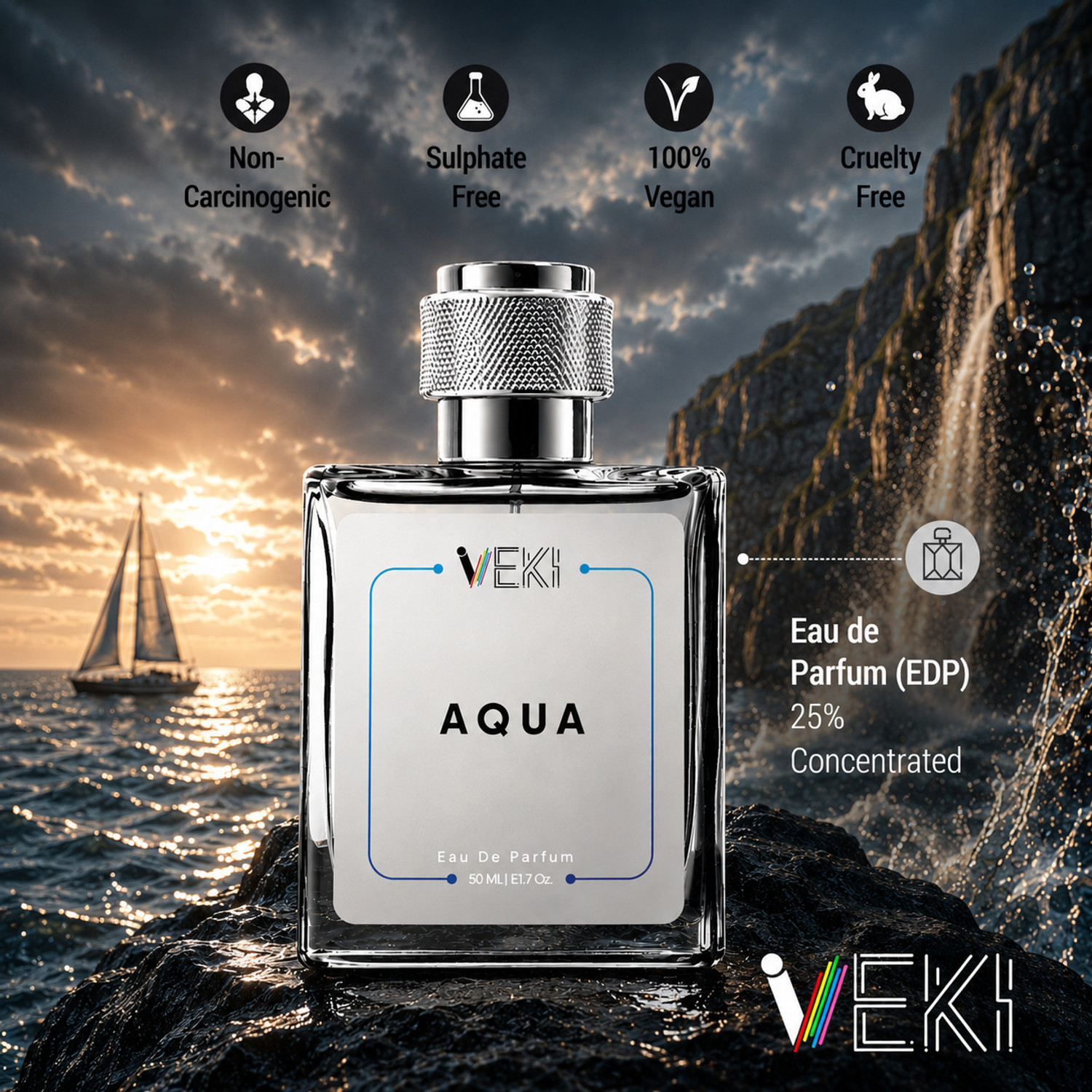 Image of Veki Aqua Perfume, Aromatic Fresh Spicy Accords Strong and Long Lasting Fragrance Eau de Parfum - 50 ml