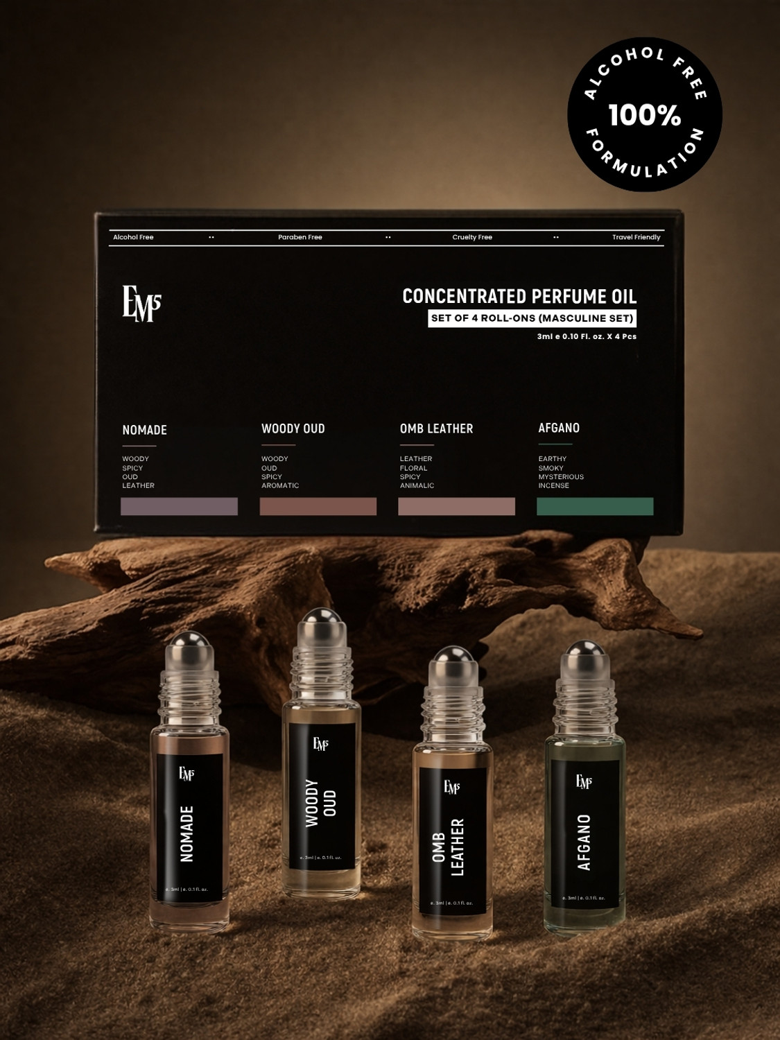 Image of Em5 Set of 4 Men's Roll-On (Attar) - Pure Masculine Oil Perfume - 12 ml