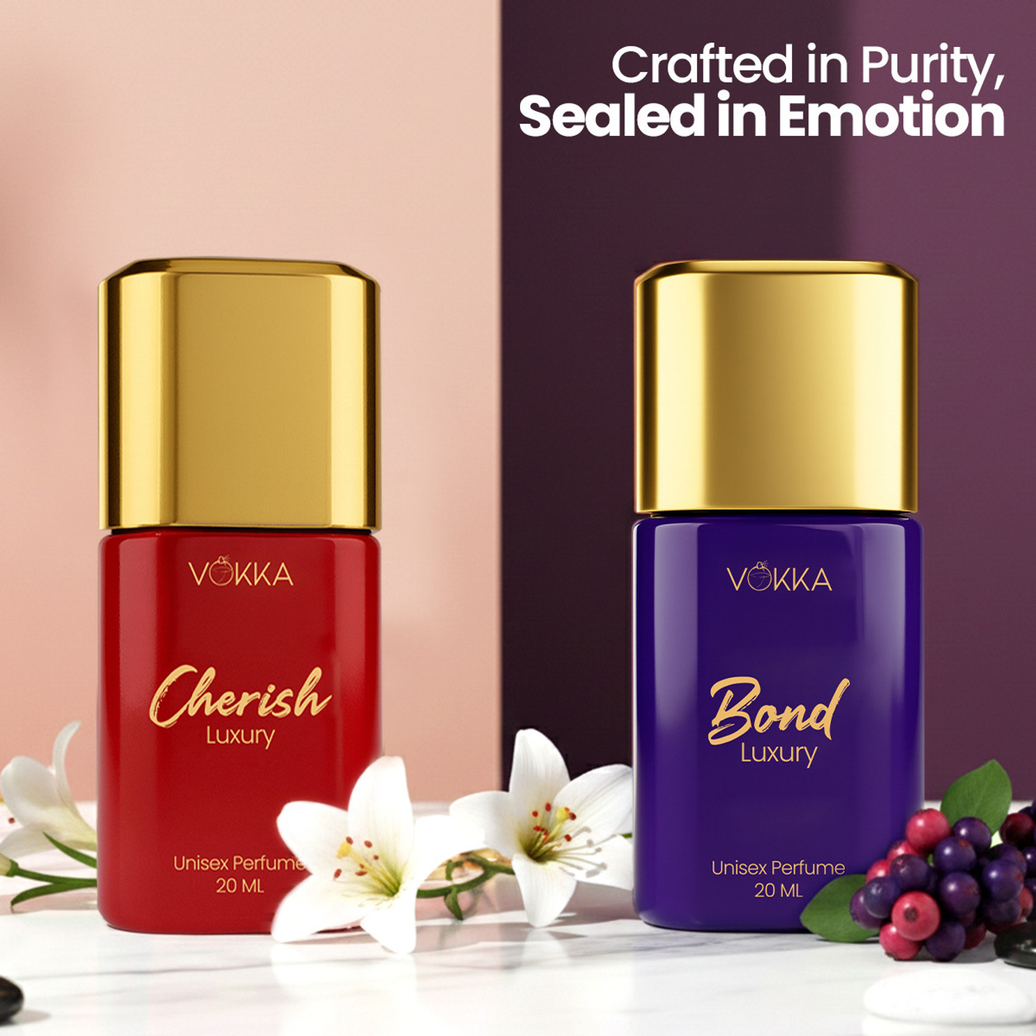 Image of VOKKA Cherish & Bond Luxury Long Lasting Unisex Perfume Combo 20ml x 2 | Eau de Parfum - 40 ml