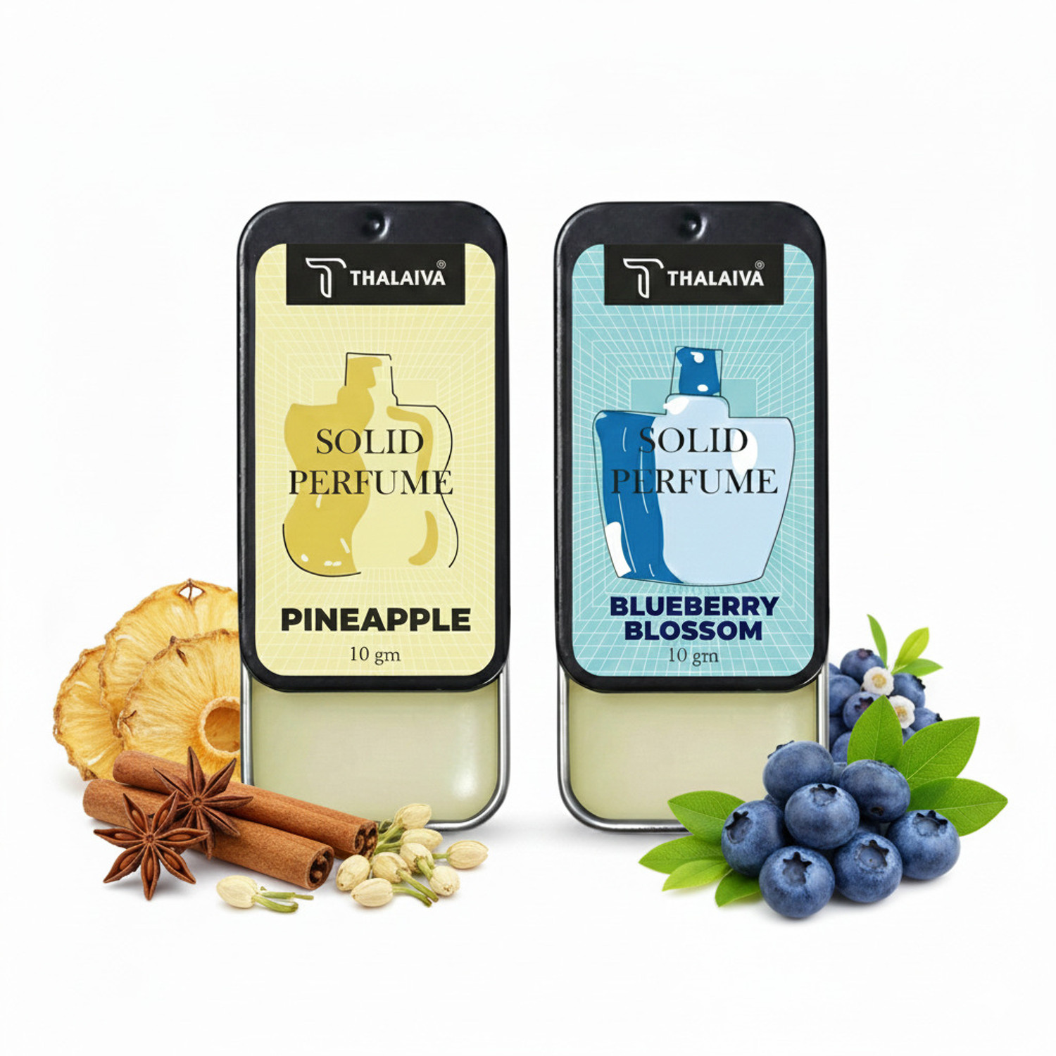 Image of Thalaiva Solid Perfume Combo | Pineapple & Blueberry Blossom | Alcohol-Free | 10g Each Eau de Parfum - 20 ml