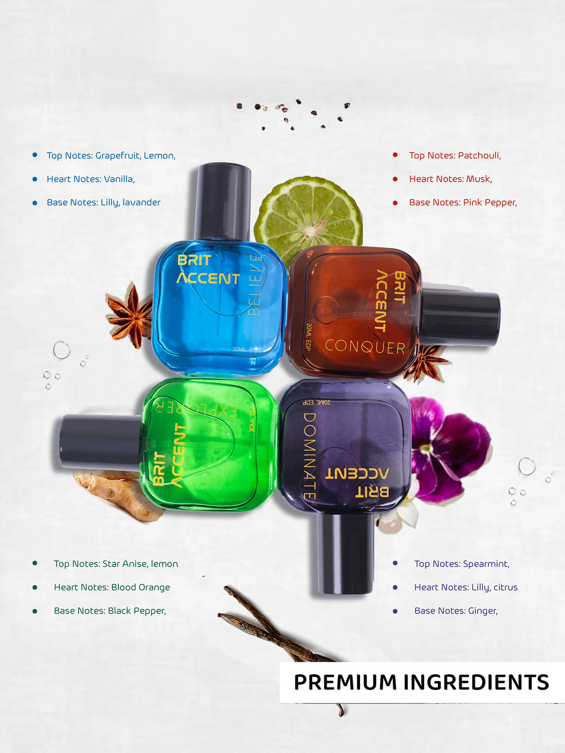 Image of BRIT ACCENT Men's Luxury Parfum Gift Set|4 x 20ml EDP|Believe, Conquer, Dominate, Explorer| Eau de Parfum - 80 ml