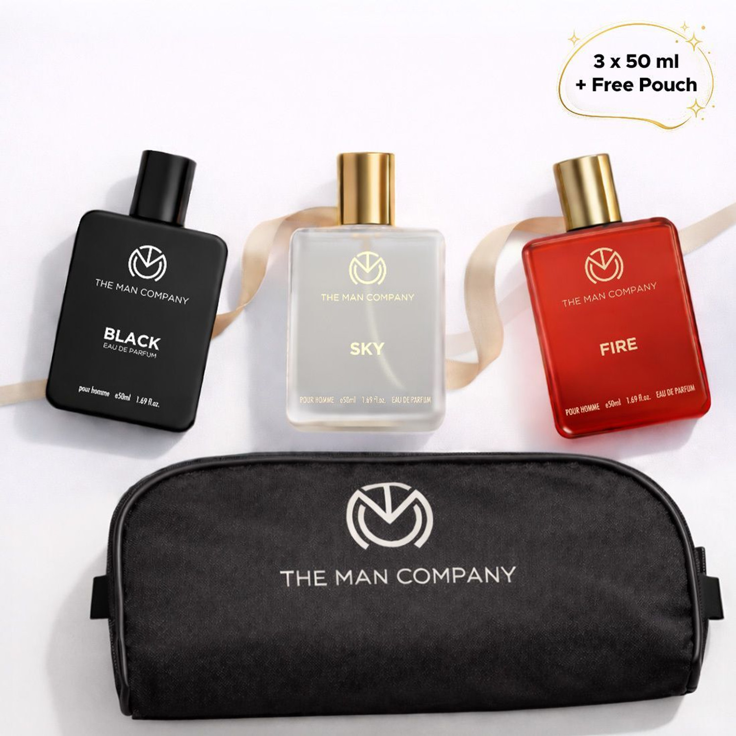 Image of THE MAN COMPANY Perfume for Men | Long lasting perfume (3x50ml) Black, Sky, Fire + Travel Pouch| Eau de Parfum - 150 ml