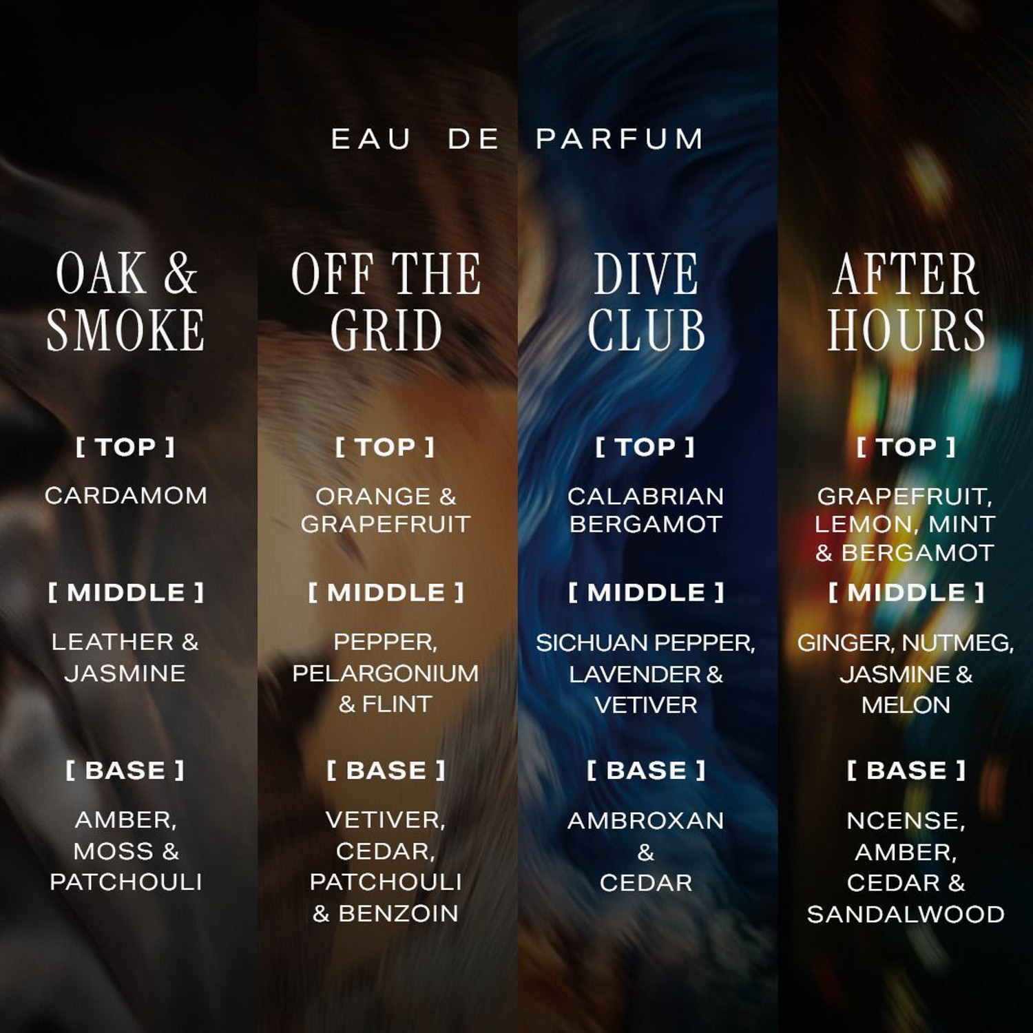 Image of HIRA Discovery Set 4 Luxury Perfume - DiveClub, Oak & Smoke, Off the Grid, AfterHours Eau de Parfum - 40 ml