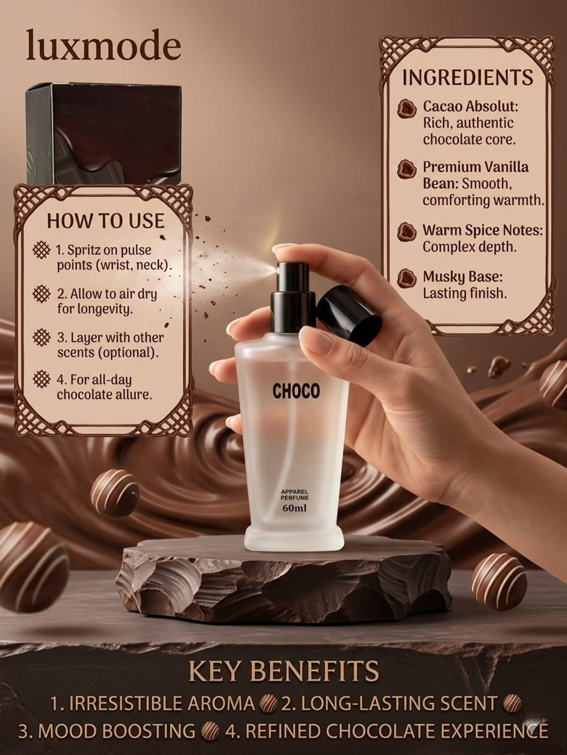 Image of LUXMODE Choco Romantic Chocolate Perfume For Men Women Eau de Parfum - 60 ml