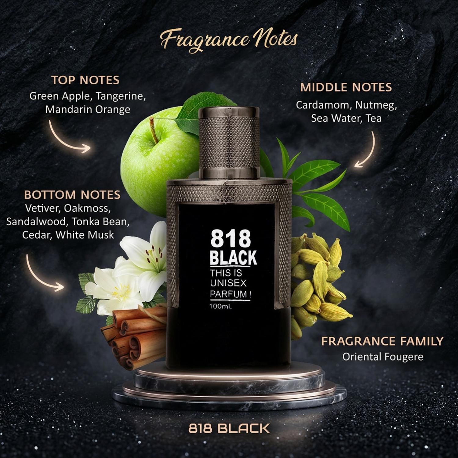 Image of HP 818 Black Bold, Mysterious � Vetiver, Geranium & Lemony Notes | Long-lasting Perfume - 100 ml (For Men)