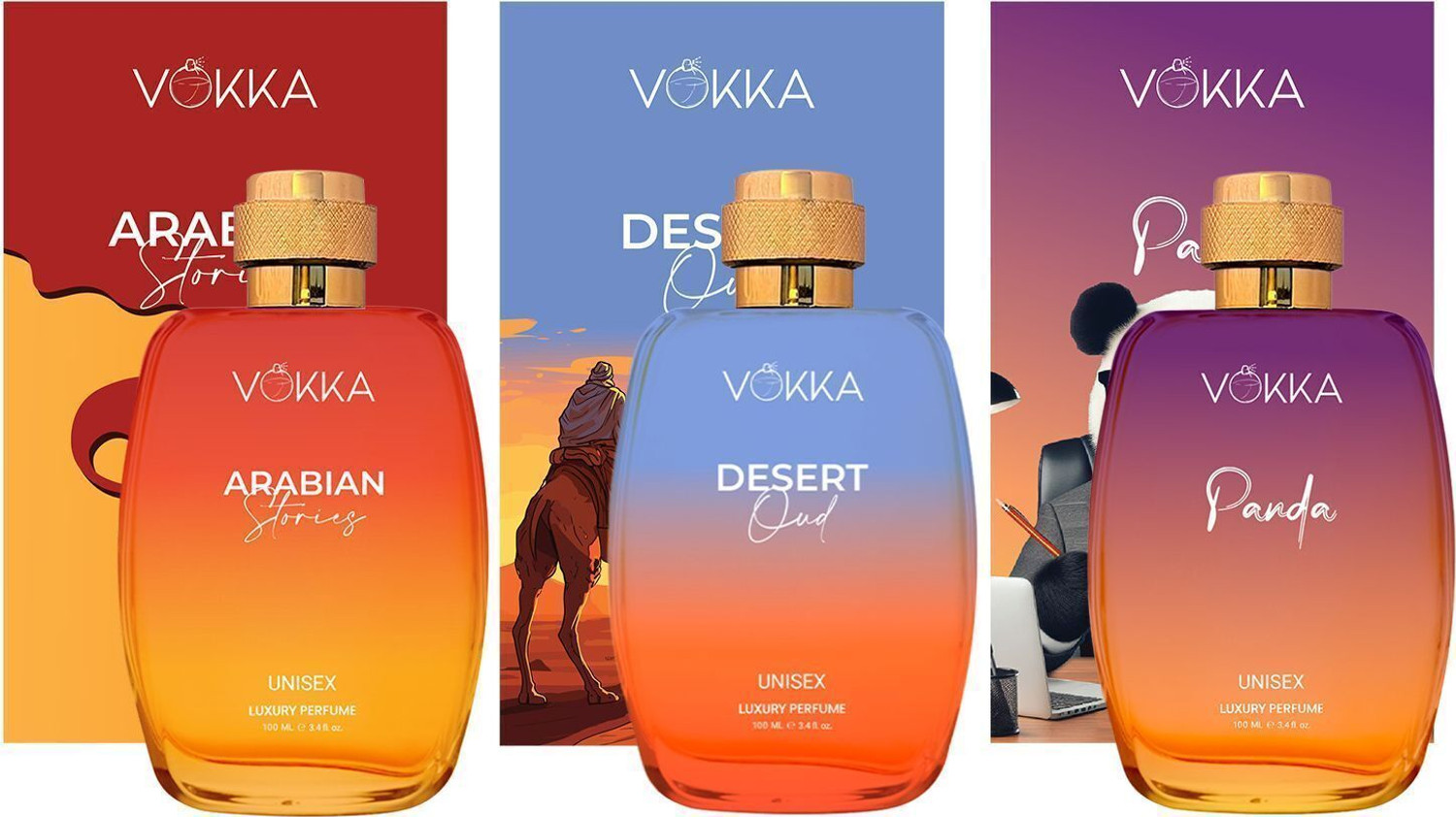 VOKKA Arabian Stories, Desert Oud & Panda Perfume 300ml (Pack of 3x100ml) Long Lasting Eau de Parfum - 300 ml