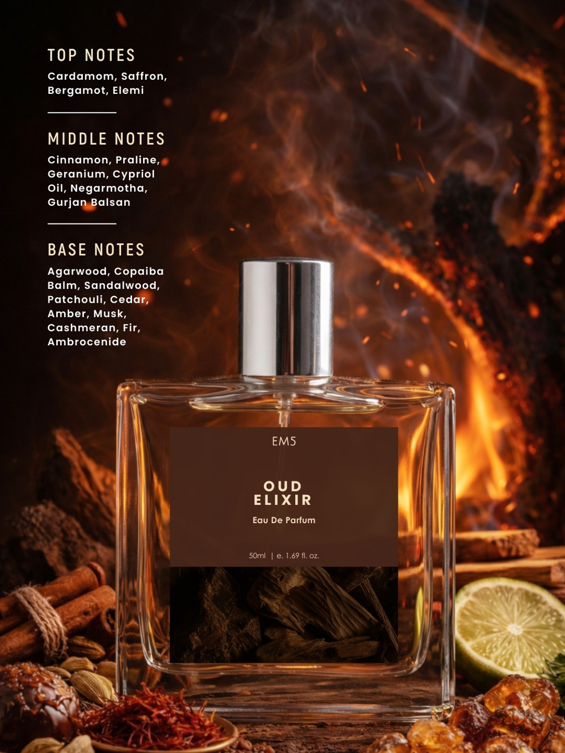 Image of Em5 Oud Elixir EDP Perfume for Men | Warm, Woody, Spicy, Oud Fragrance | Eau de Parfum - 50 ml
