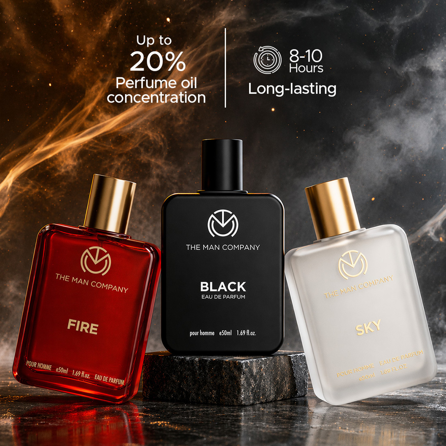 Image of THE MAN COMPANY Perfume for Men | Long lasting perfume (3x50ml) Black, Sky, Fire + Travel Pouch| Eau de Parfum - 150 ml