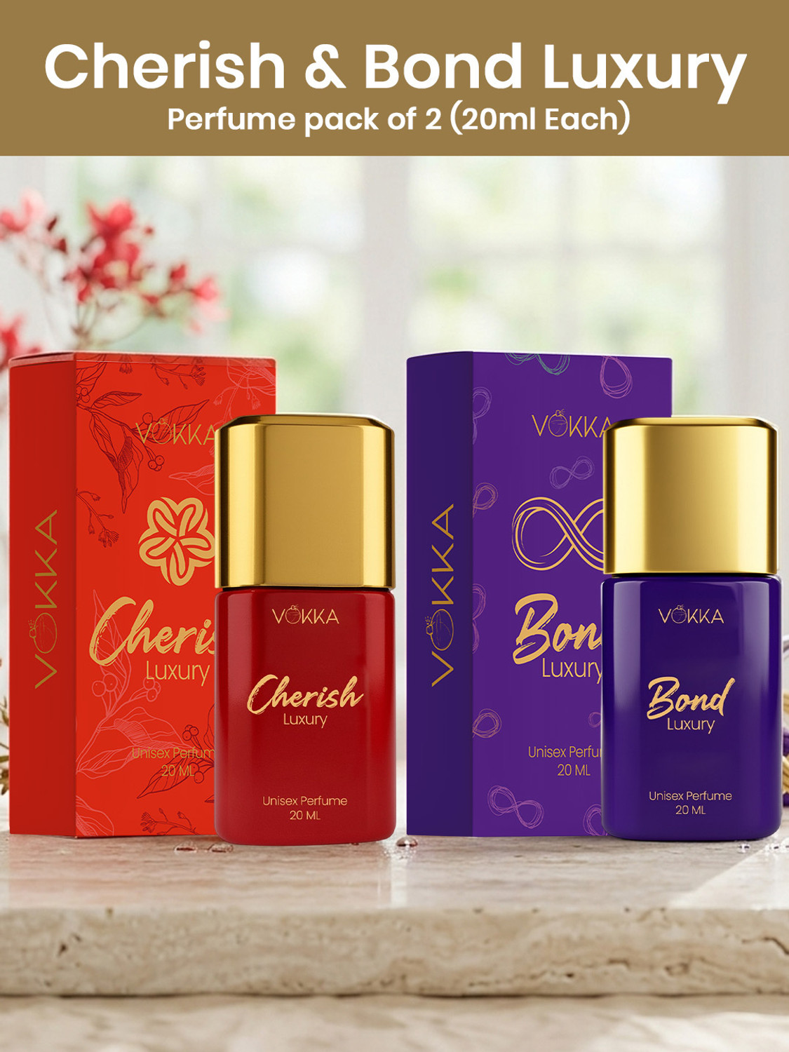 Image of VOKKA Cherish & Bond Luxury Long Lasting Unisex Perfume Combo 20ml x 2 | Eau de Parfum - 40 ml
