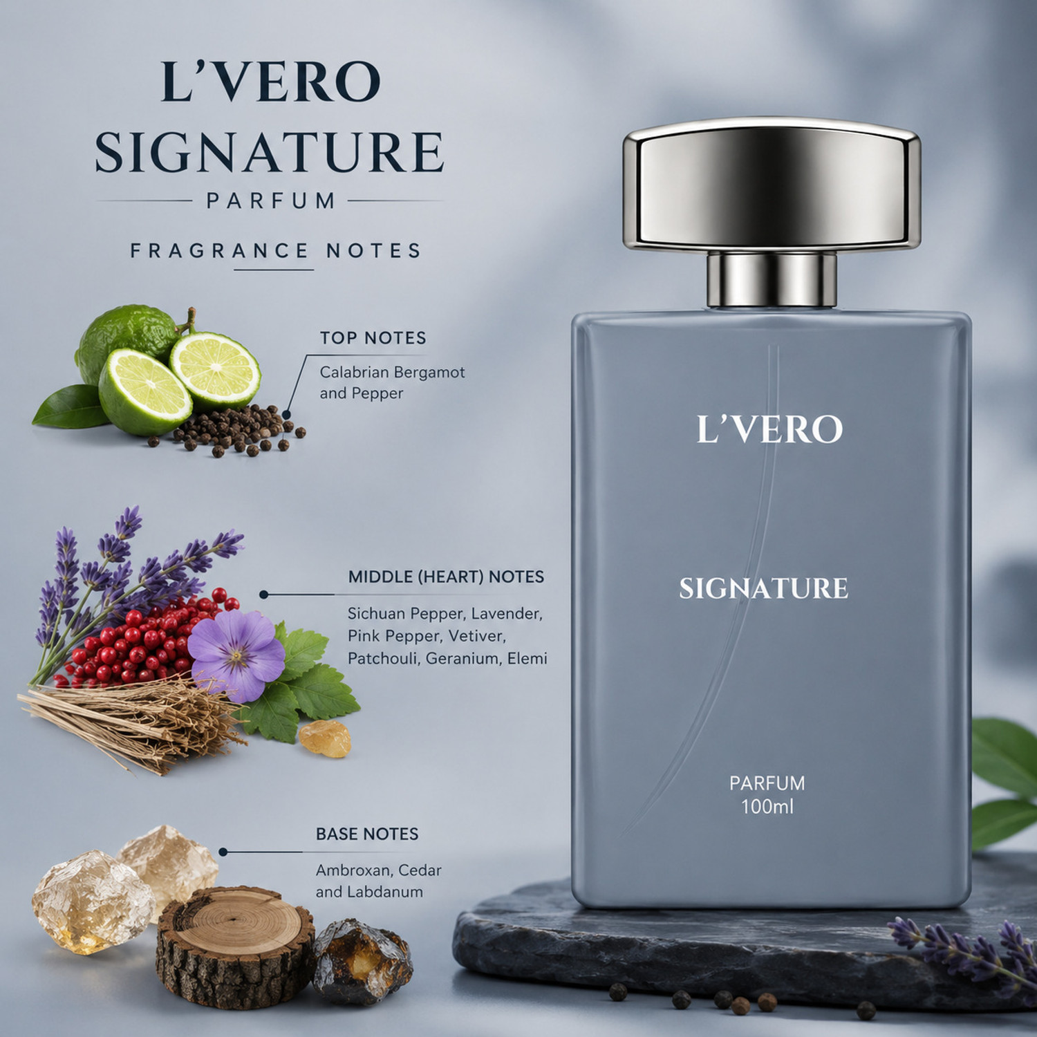Image of L'vero Signature Perfume For Men | Calabrian Bergamot & Cedar Notes | Long Lasting Perfume - 100 ml