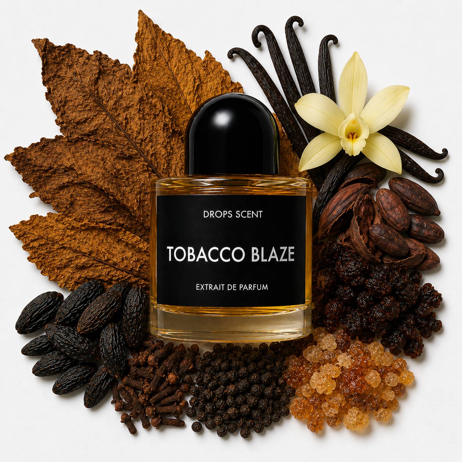 tobacco blaze is not wornit arrives. A dusk-lit trail of honeyed tobacco and suede, smouldering beneath amber skies. Rasasi redefines seduction through quiet fire and golden shadows., Unforgettable 50ml Notes Top Buy DROPS SCENT Tobacco Blaze