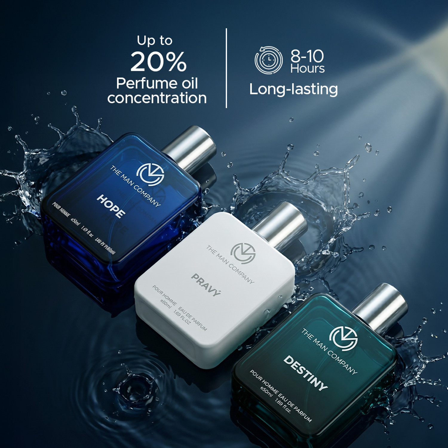 Image of THE MAN COMPANY Perfume for Men|Long Lasting Perfume|3x50 ml|Hope,Pravy,Destiny + Travel Pouch| Eau de Parfum - 150 ml