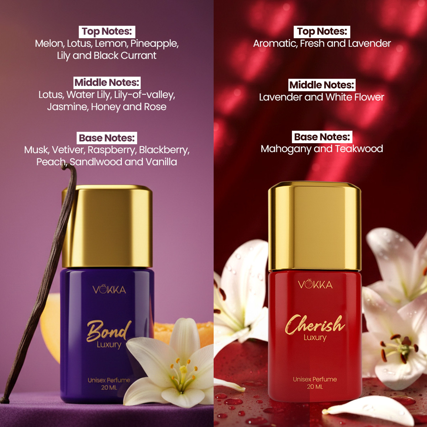 Image of VOKKA Cherish & Bond Luxury Long Lasting Unisex Perfume Combo 20ml x 2 | Eau de Parfum - 40 ml
