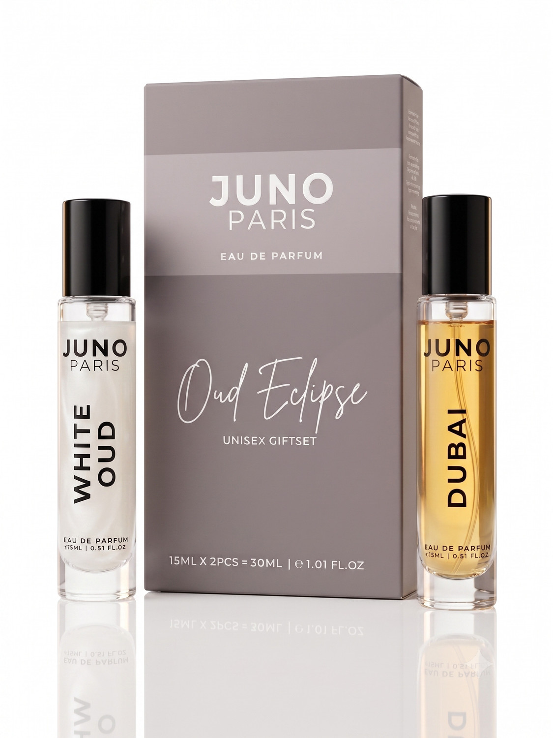 Image of JUNO PARIS Oud Eclipse White Oud & Dubai Unisex Perfume Combo| 15mlx2 | Long Lasting Eau de Parfum - 30 ml