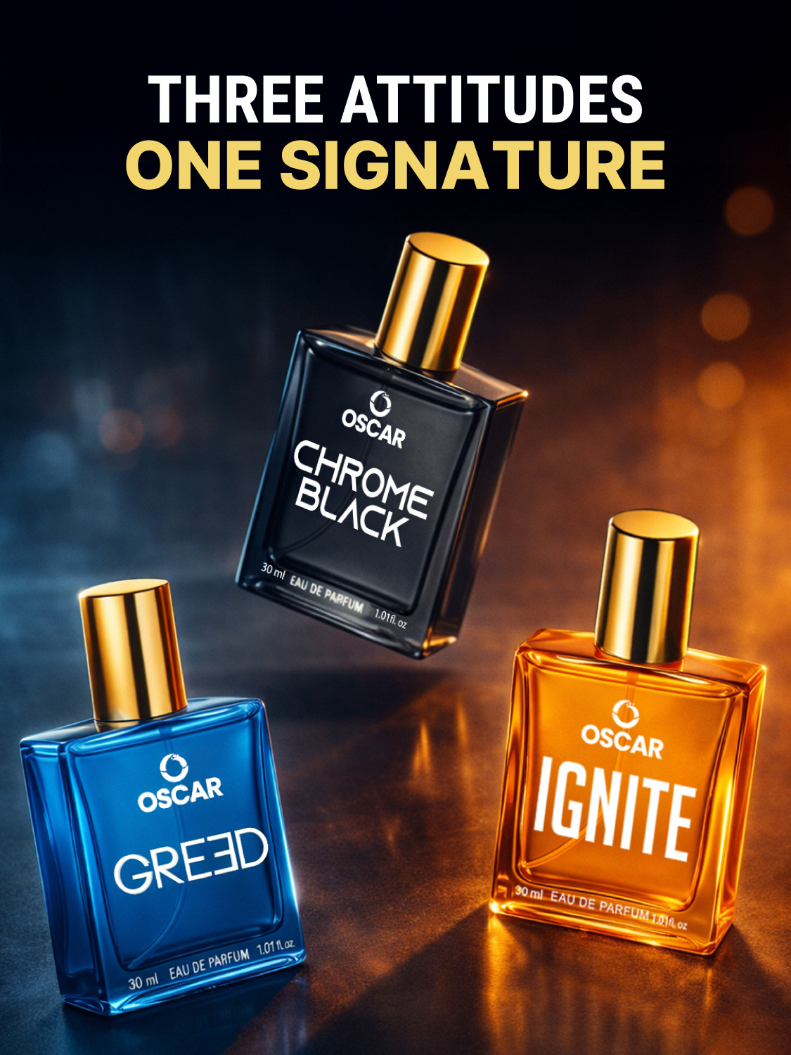 Image of OSCAR Chrome Black, Ignite, Greed Premium Perfume Combo, Strong, Long Lasting (30mlx3) Eau de Parfum - 90 ml