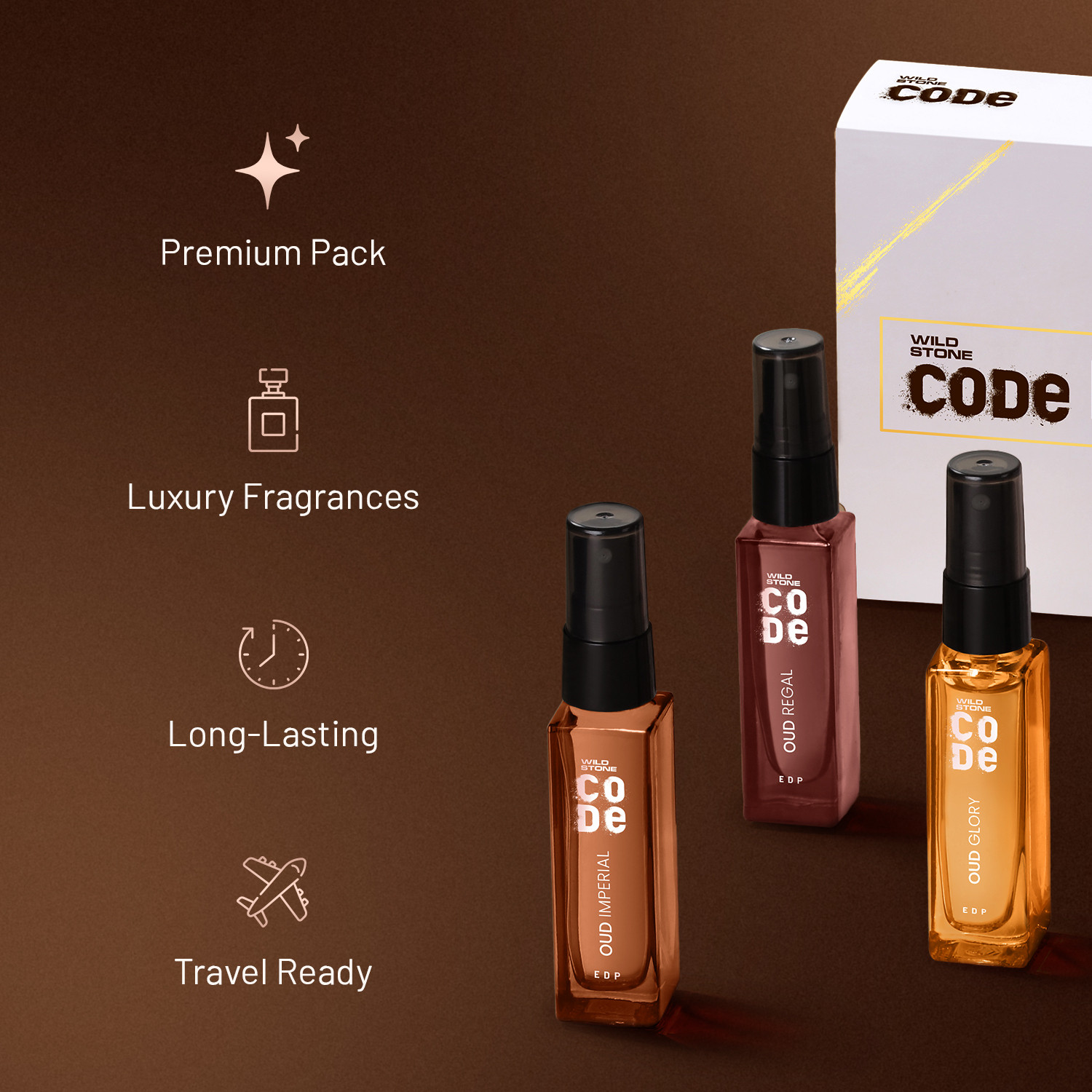 Image of Wild Stone CODE Luxury OUD Eau De Parfum Gift Set For Men | 08ml X 3 - Regal, Imperial & Glory Eau de Parfum - 24 ml