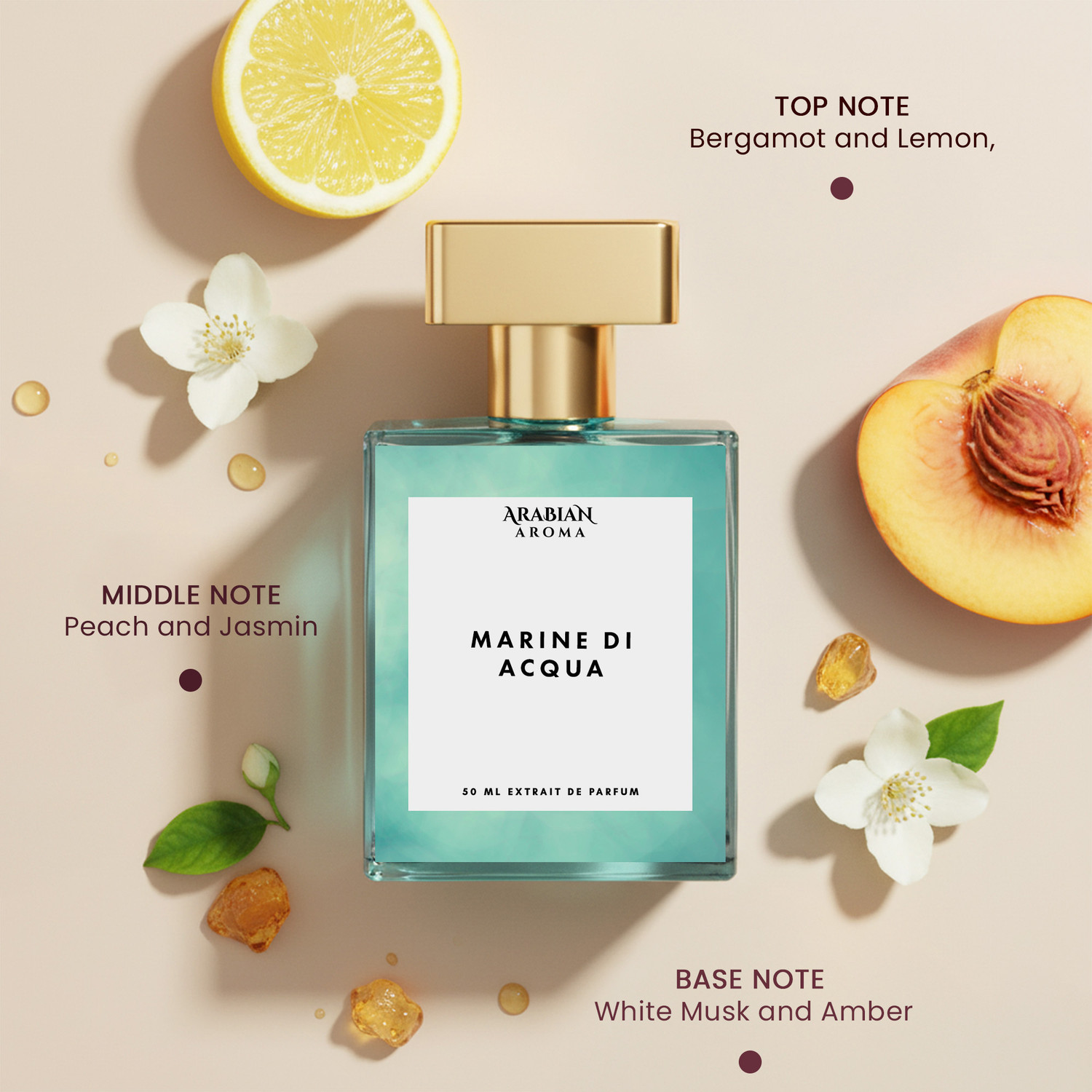 Image of Arabian Aroma Marine Di Acqua Perfume Fresh Bergamot, Lemon, Peach & Jasmine Extrait De Parfum - 50 ml