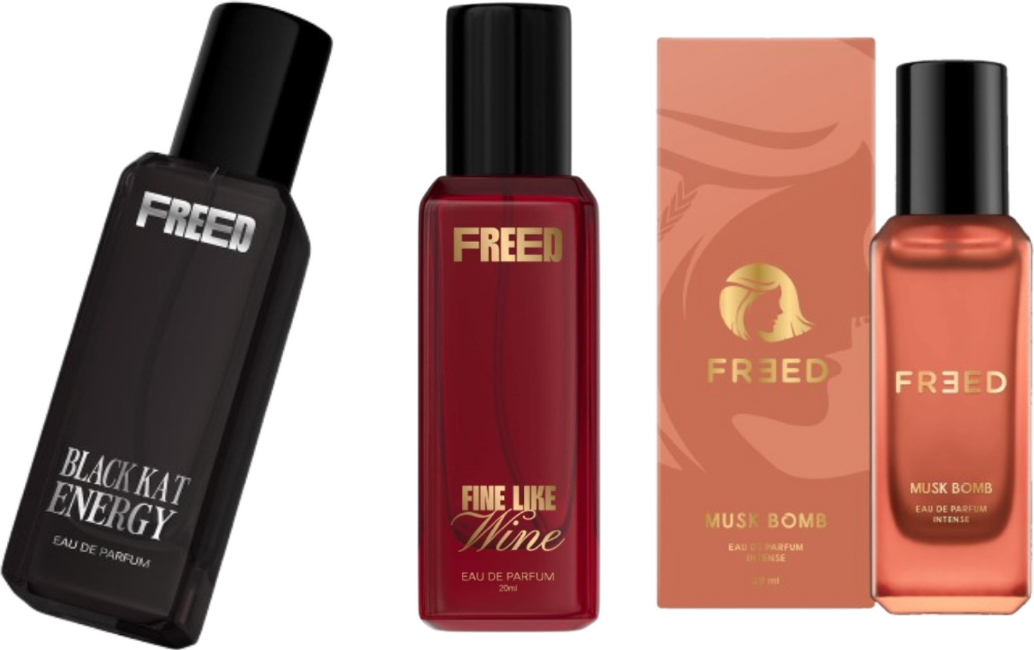 Image of FREED Musk Bomb, Black Kat & Fine Like Wine Perfume For Women | (Set of 3) Eau de Parfum - 60 ml