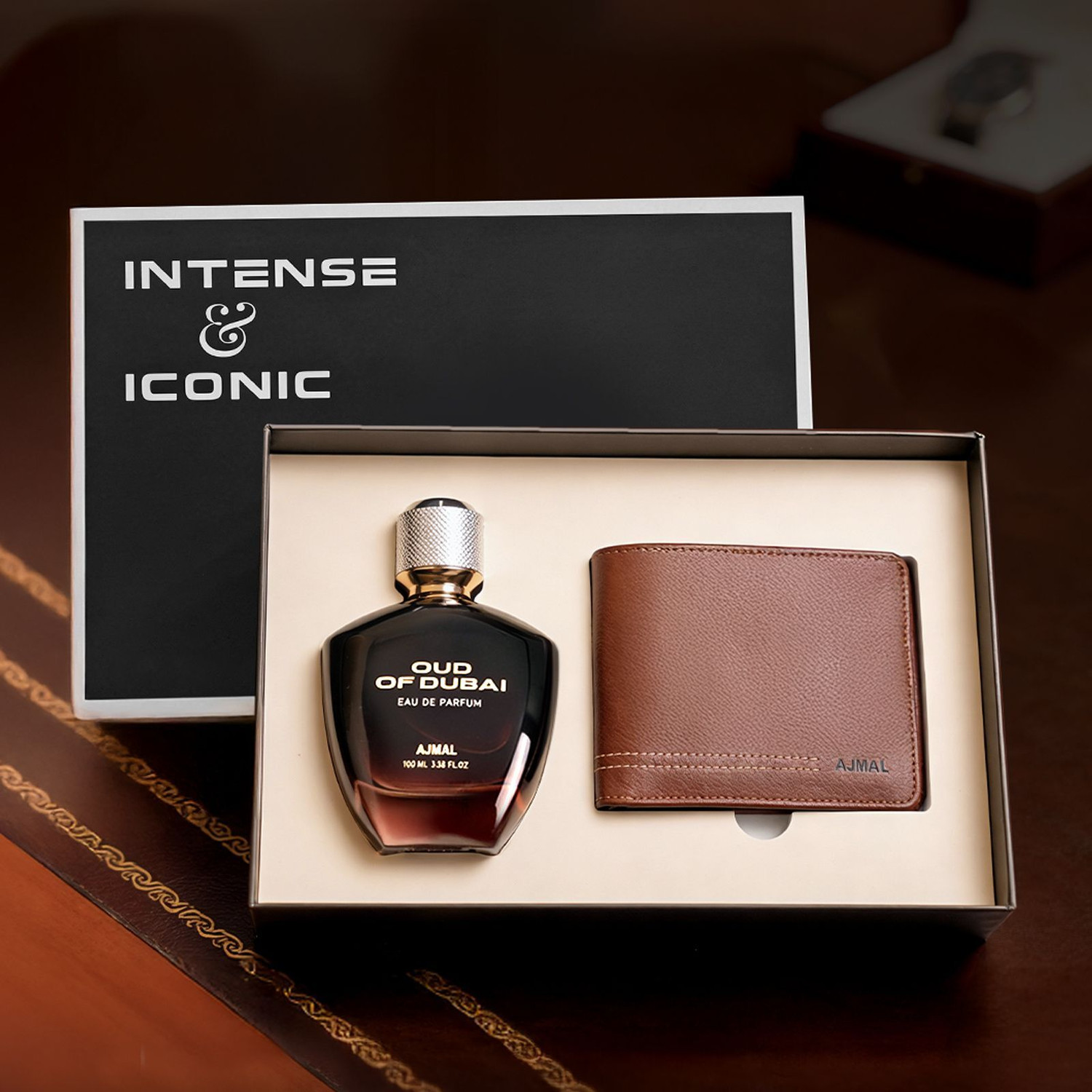 Image of Ajmal Intense & Iconic Long Lasting Oud of Dubai Perfume & Wallet Gift Set Eau de Parfum - 100 ml