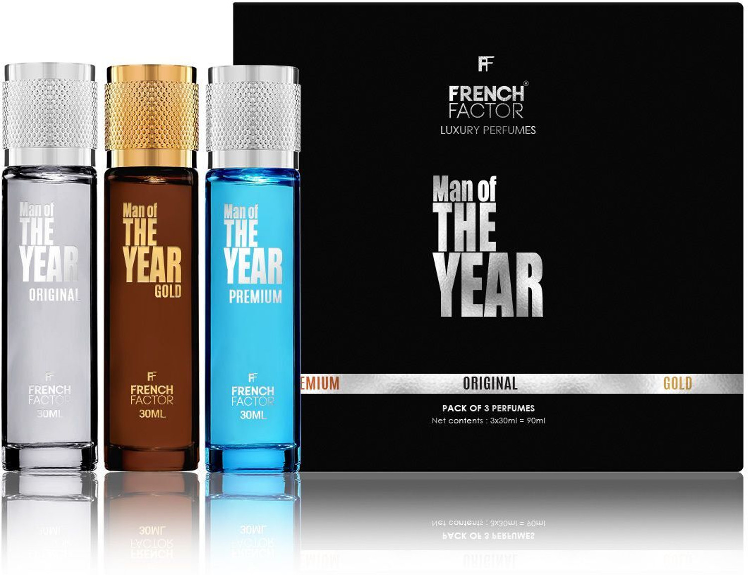 Image of French Factor Luxury Gift Set with Premium Gold Original Perfume New Arrival Pack of 3 Eau de Parfum - 90 ml