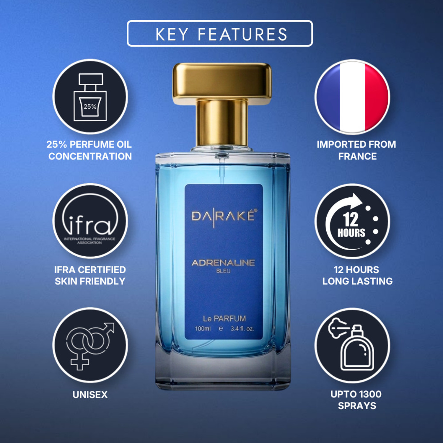 Image of DA RAKE Adrenaline Bleu Perfume | 12 Hours Long Lasting | Bergamot & Aquatic Perfume - 100 ml