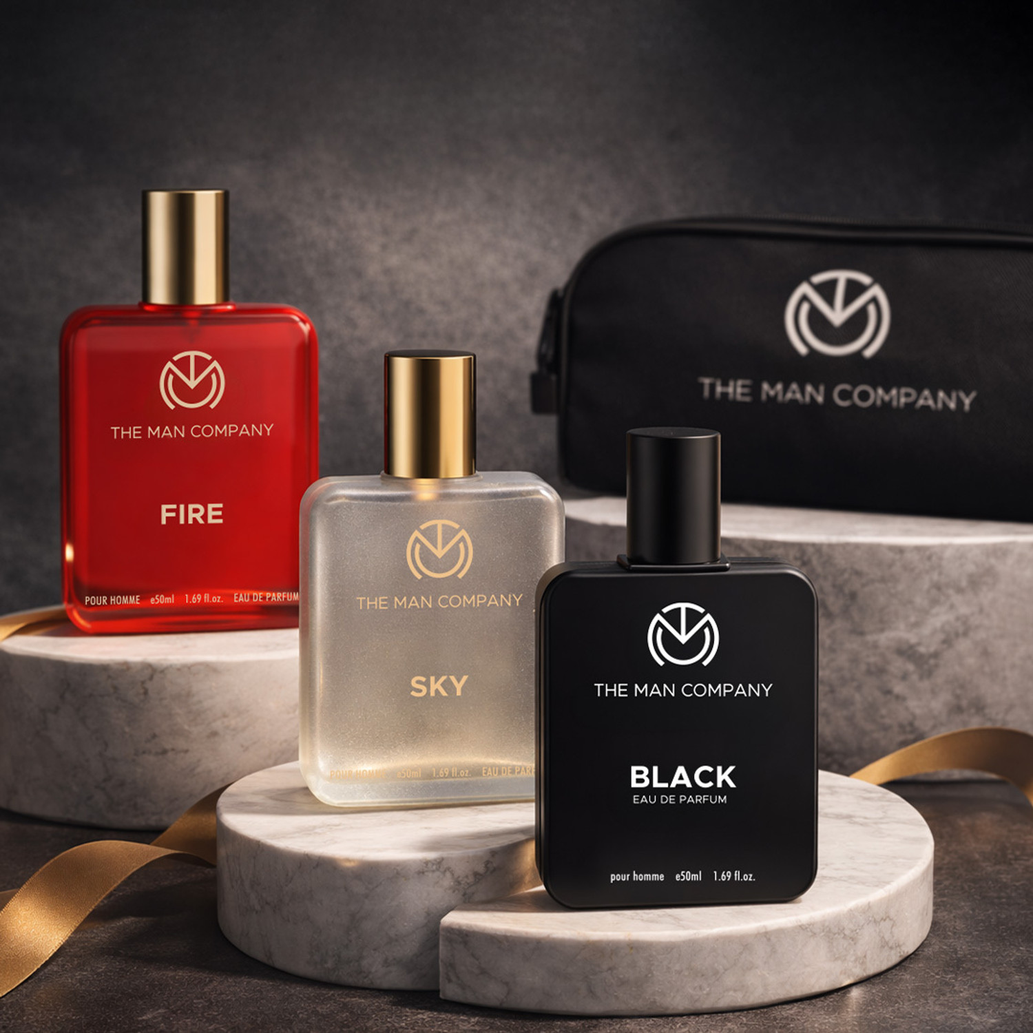 Image of THE MAN COMPANY Perfume for Men | Long lasting perfume (3x50ml) Black, Sky, Fire + Travel Pouch| Eau de Parfum - 150 ml
