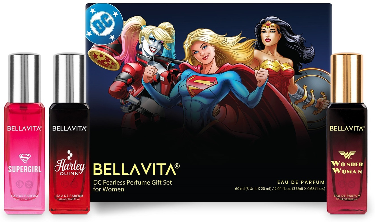 Image of BELLAVITA DC Fearless Perfume Gift Set for Women 3x20ml | Long Lasting Fragrance Eau de Parfum - 60 ml