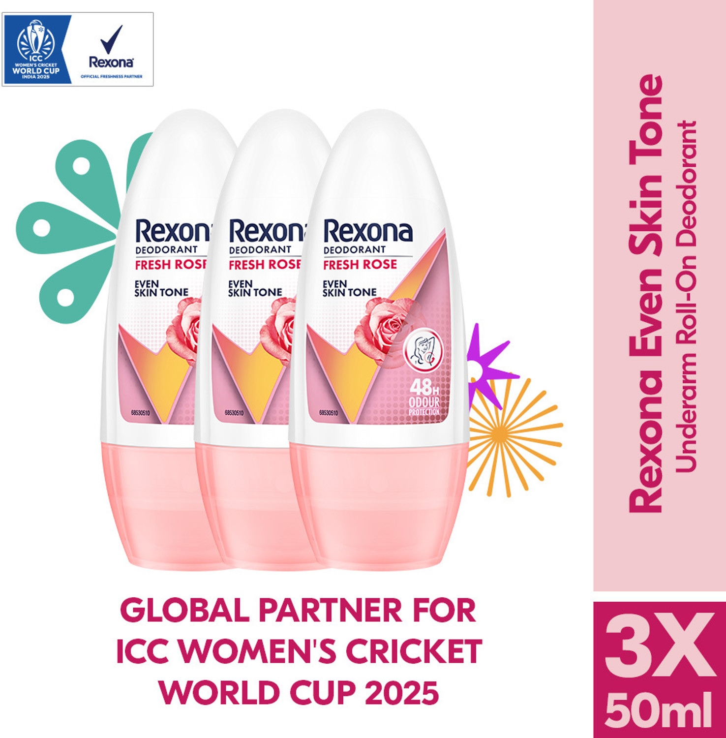 Image of Rexona Whitening Fresh Rose Underarm Roll On Deodorant For Women Roll-on Eau de Parfum - 150 ml