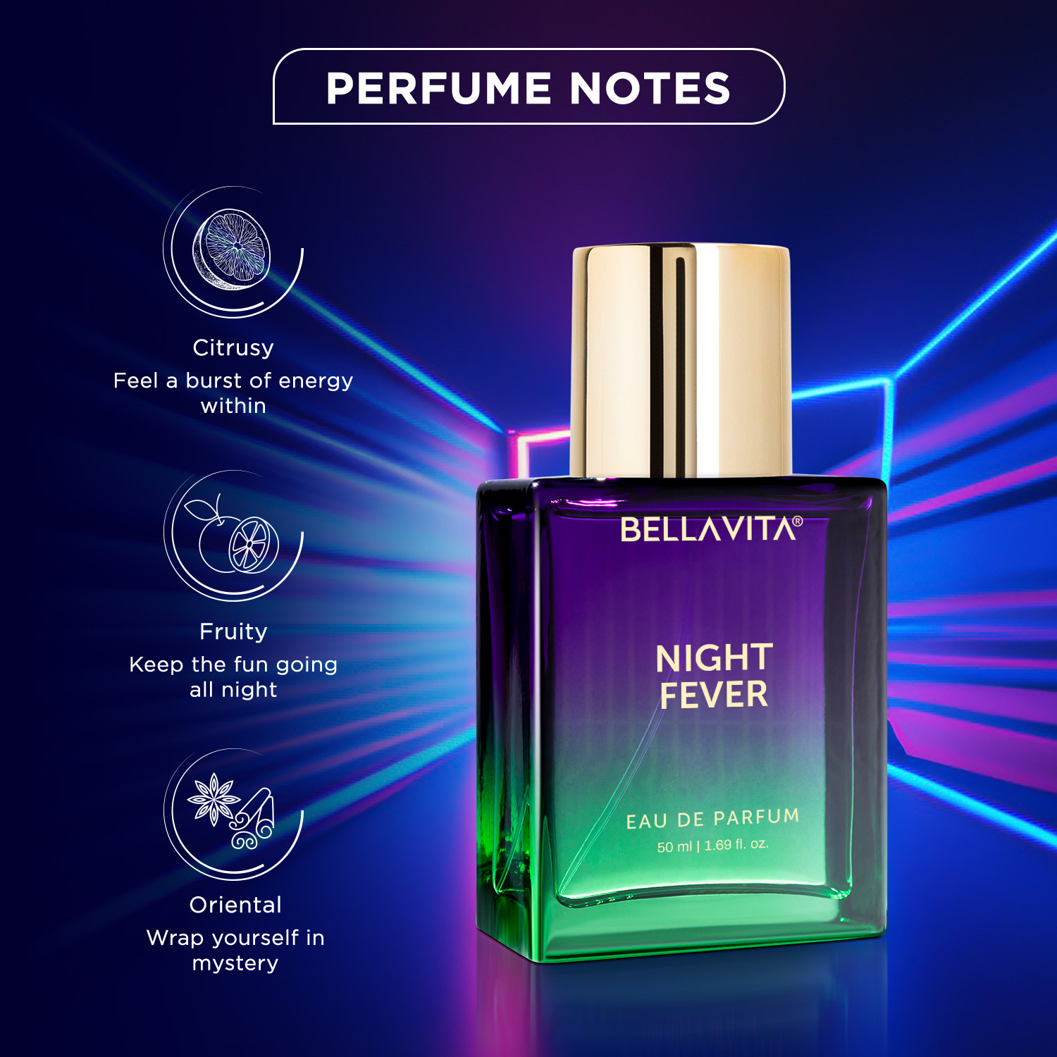 Image of BELLAVITA NIGHT FEVER perfume 50 mL for Men & Women|Long Lasting Scent|Fruity Notes Eau de Parfum - 50 ml
