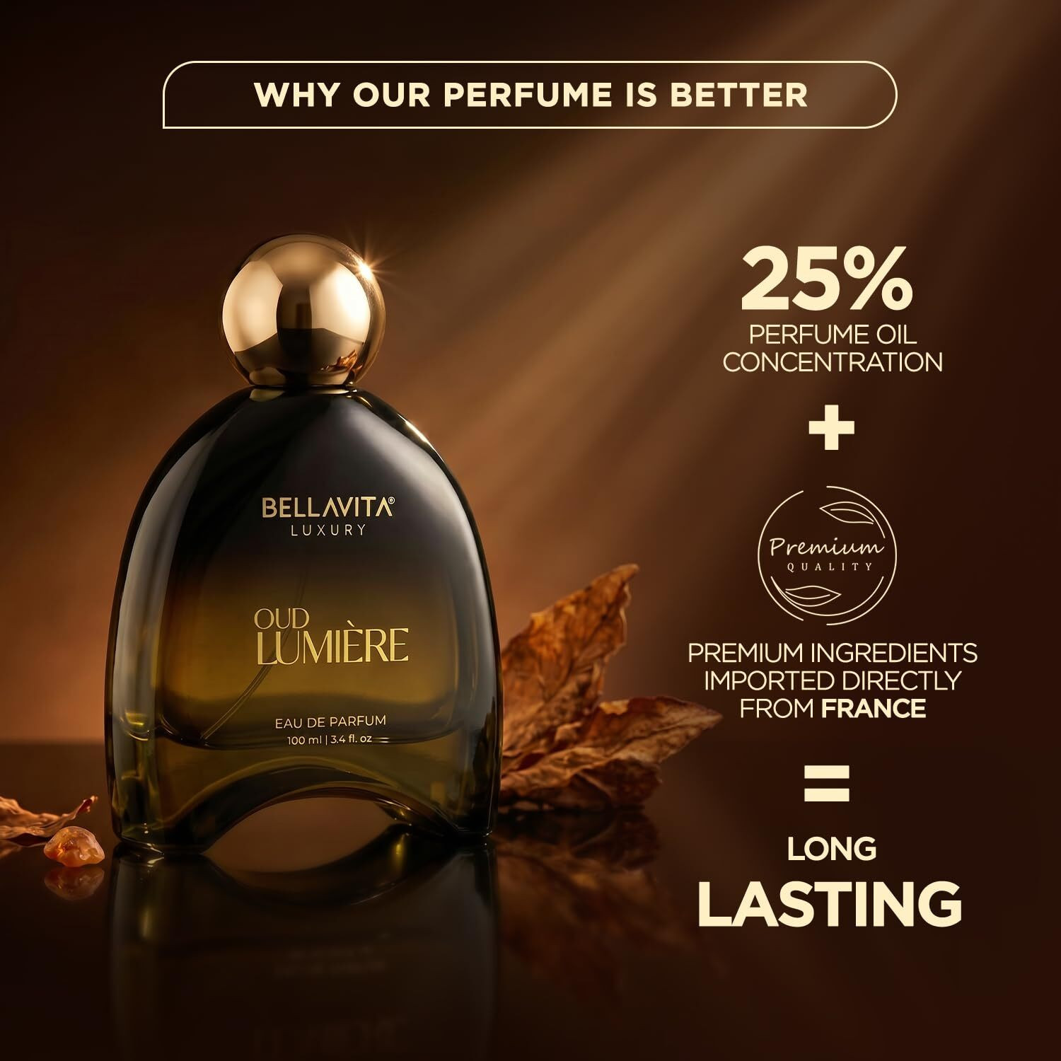 Image of BELLAVITA LUXURY OUD LUMIERE | Dubai Crafted | Perfume For Man | Premium Long Lasting Eau de Parfum - 100 ml (For Men)