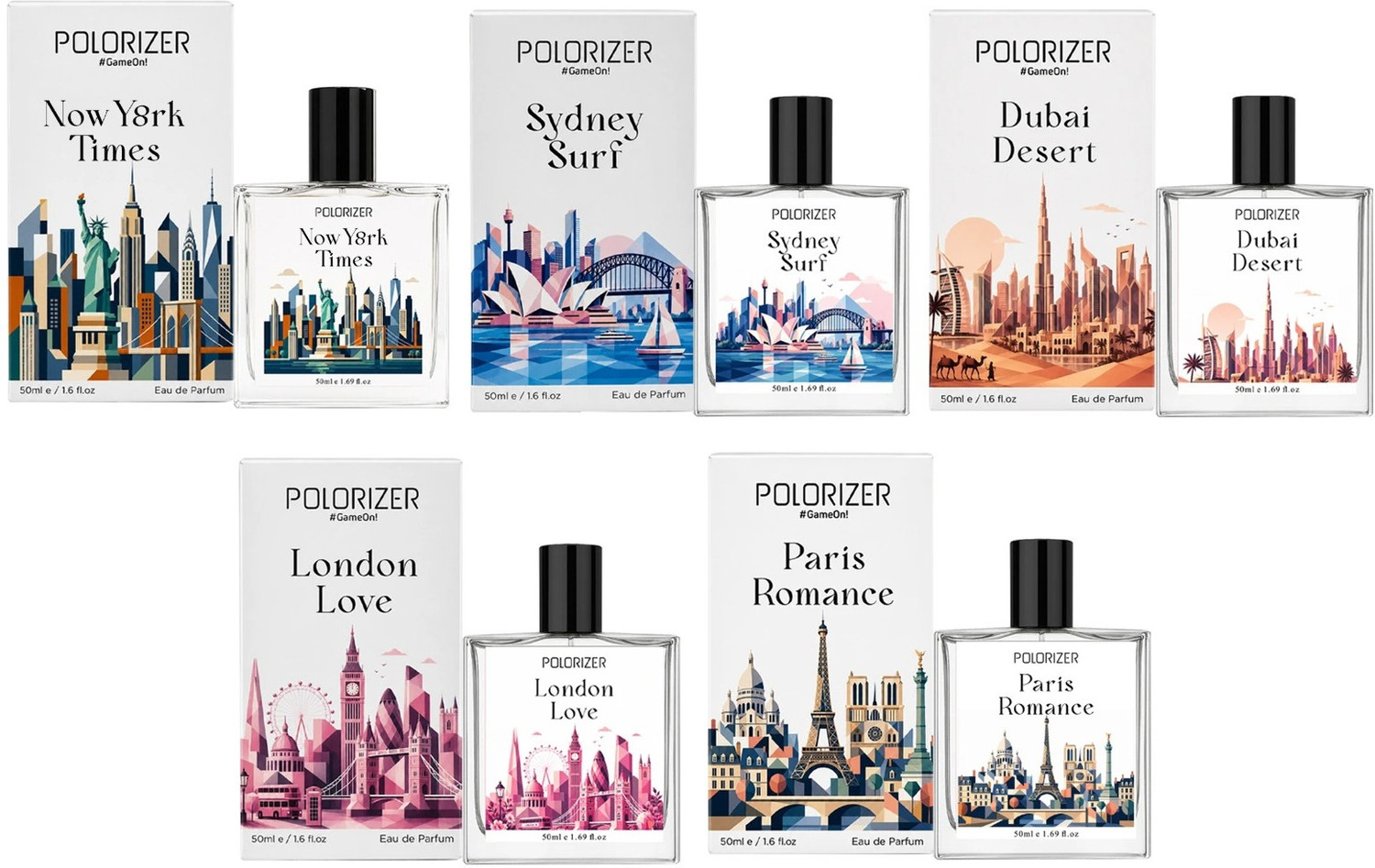 POLORIZER City Collection Unisex Perfume Set Pack of 5 | 50ML Each | Long Lasting Eau de Parfum  -  250 ml