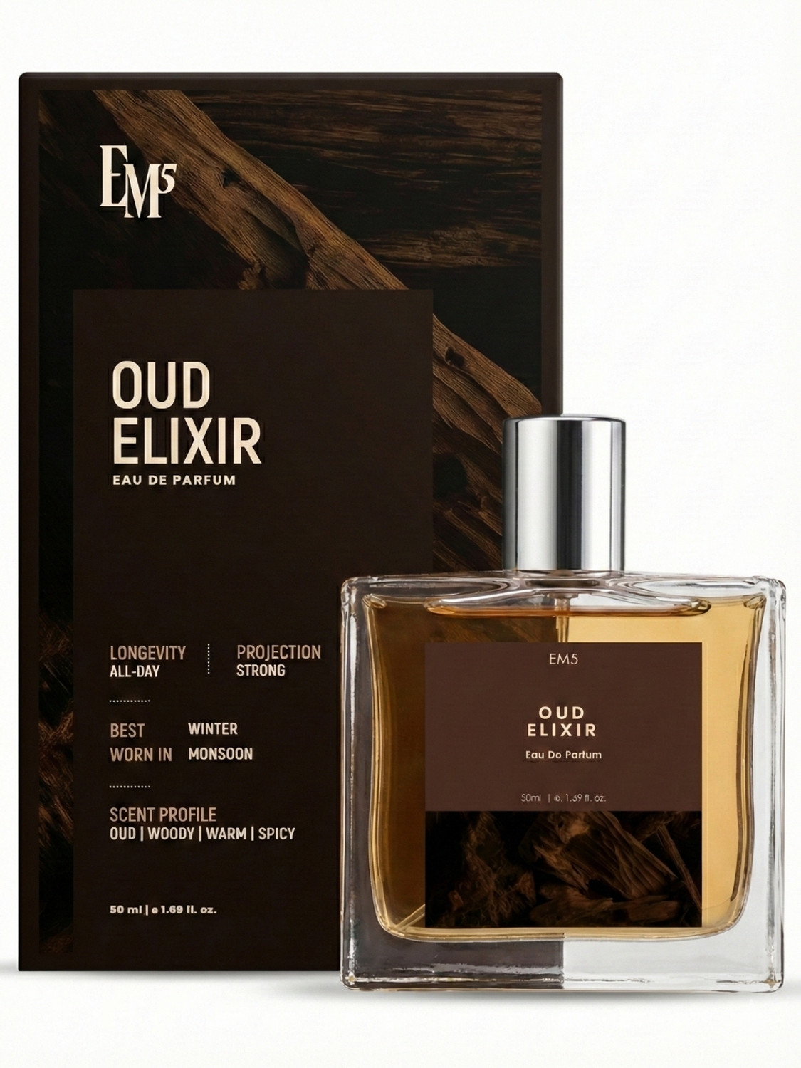 Image of Em5 Oud Elixir EDP Perfume for Men | Warm, Woody, Spicy, Oud Fragrance | Eau de Parfum - 50 ml