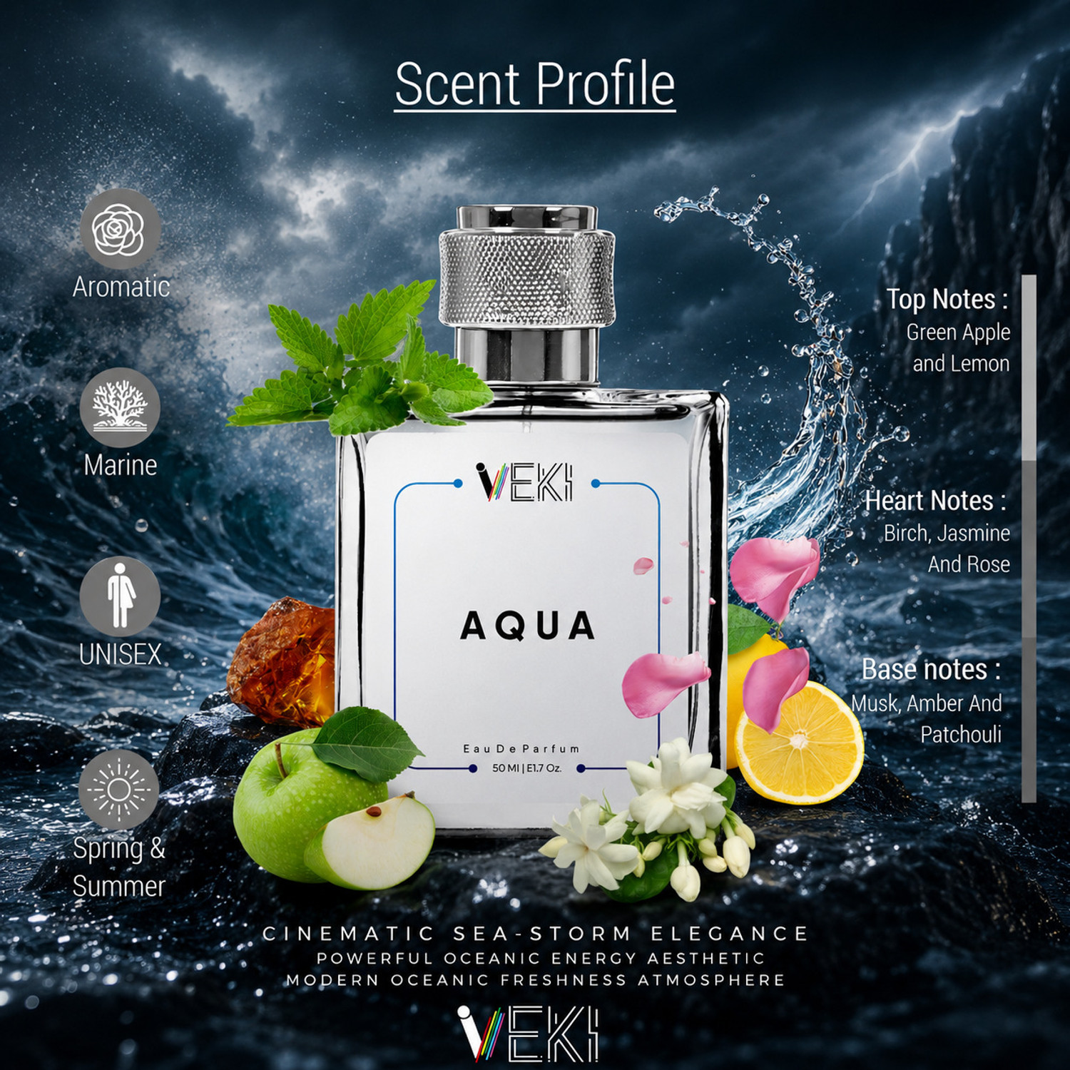 Image of Veki Aqua Perfume, Aromatic Fresh Spicy Accords Strong and Long Lasting Fragrance Eau de Parfum - 50 ml