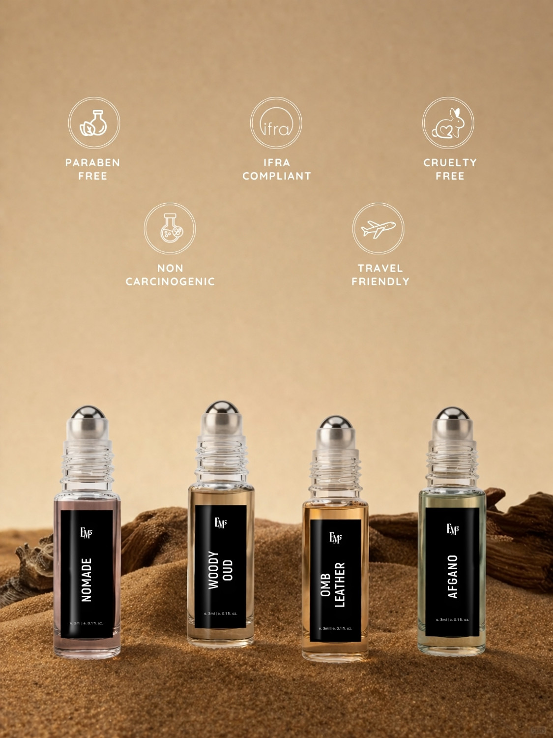Image of Em5 Set of 4 Men's Roll-On (Attar) - Pure Masculine Oil Perfume - 12 ml
