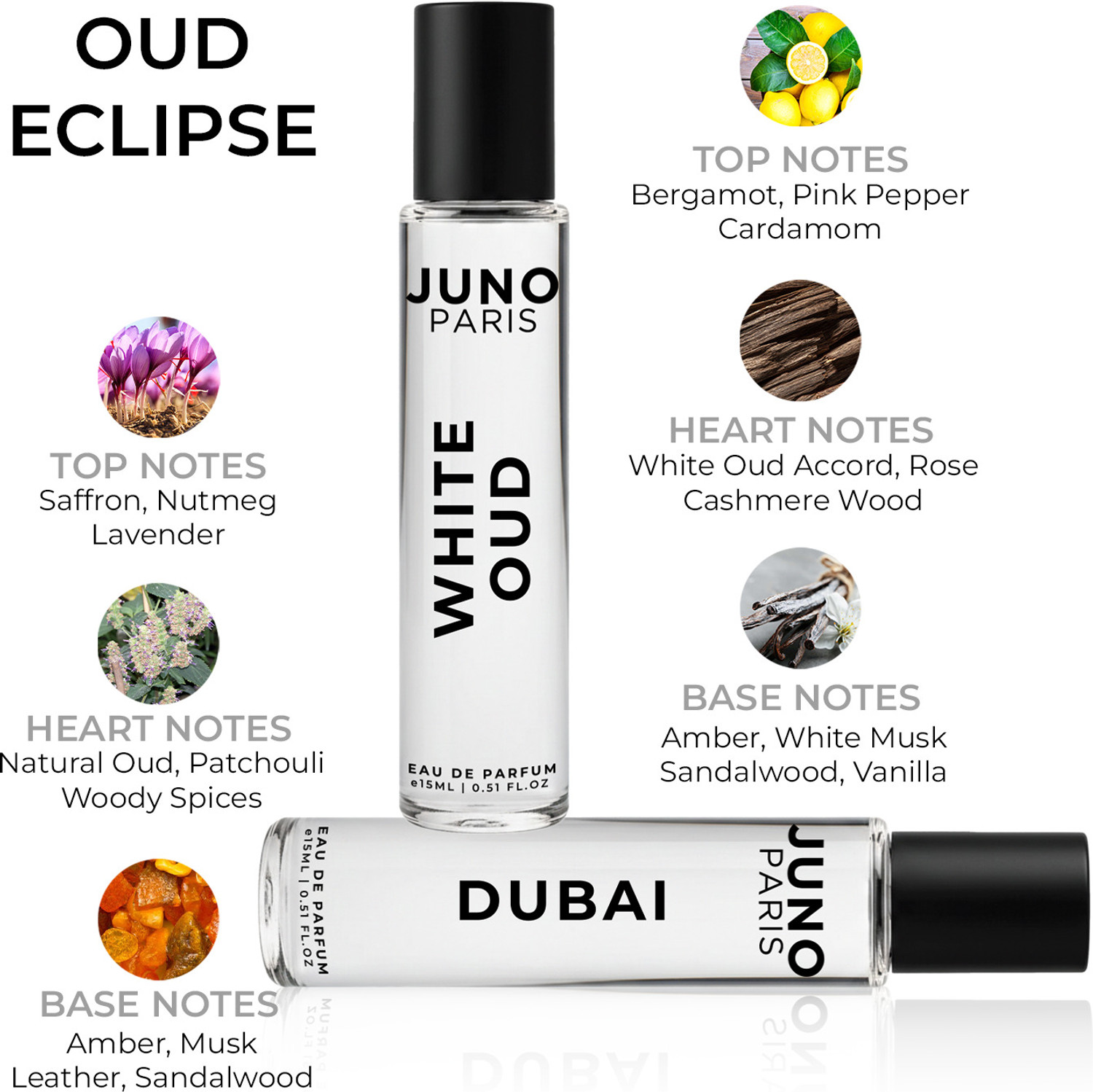 Image of JUNO PARIS Oud Eclipse White Oud & Dubai Unisex Perfume Combo| 15mlx2 | Long Lasting Eau de Parfum - 30 ml