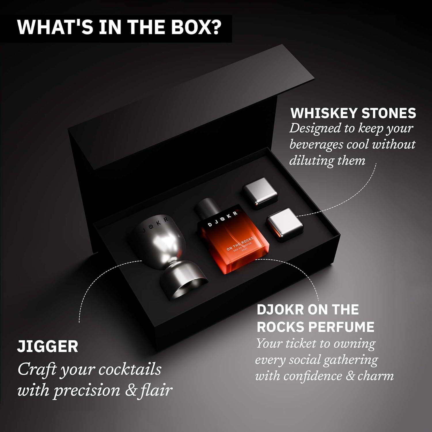 Image of DJOKR On The Rocks Gift Set for Men, Premium Men Perfume, Jigger, Whiskey Stones, Eau de Parfum - 30 ml