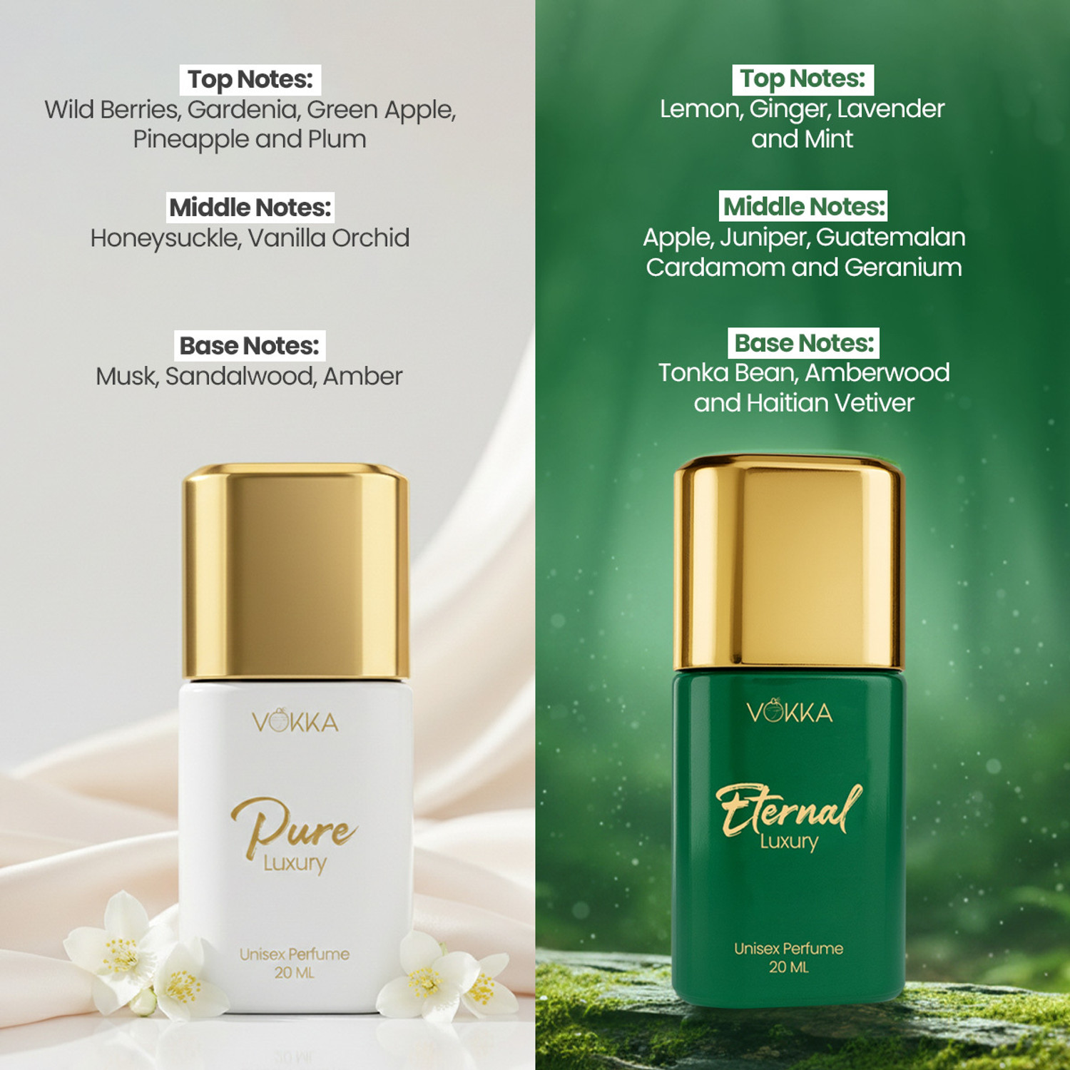 Image of VOKKA Pure & Eternal Luxury Long Lasting Unisex Perfume Combo 20ml x 2 | Eau de Parfum - 40 ml