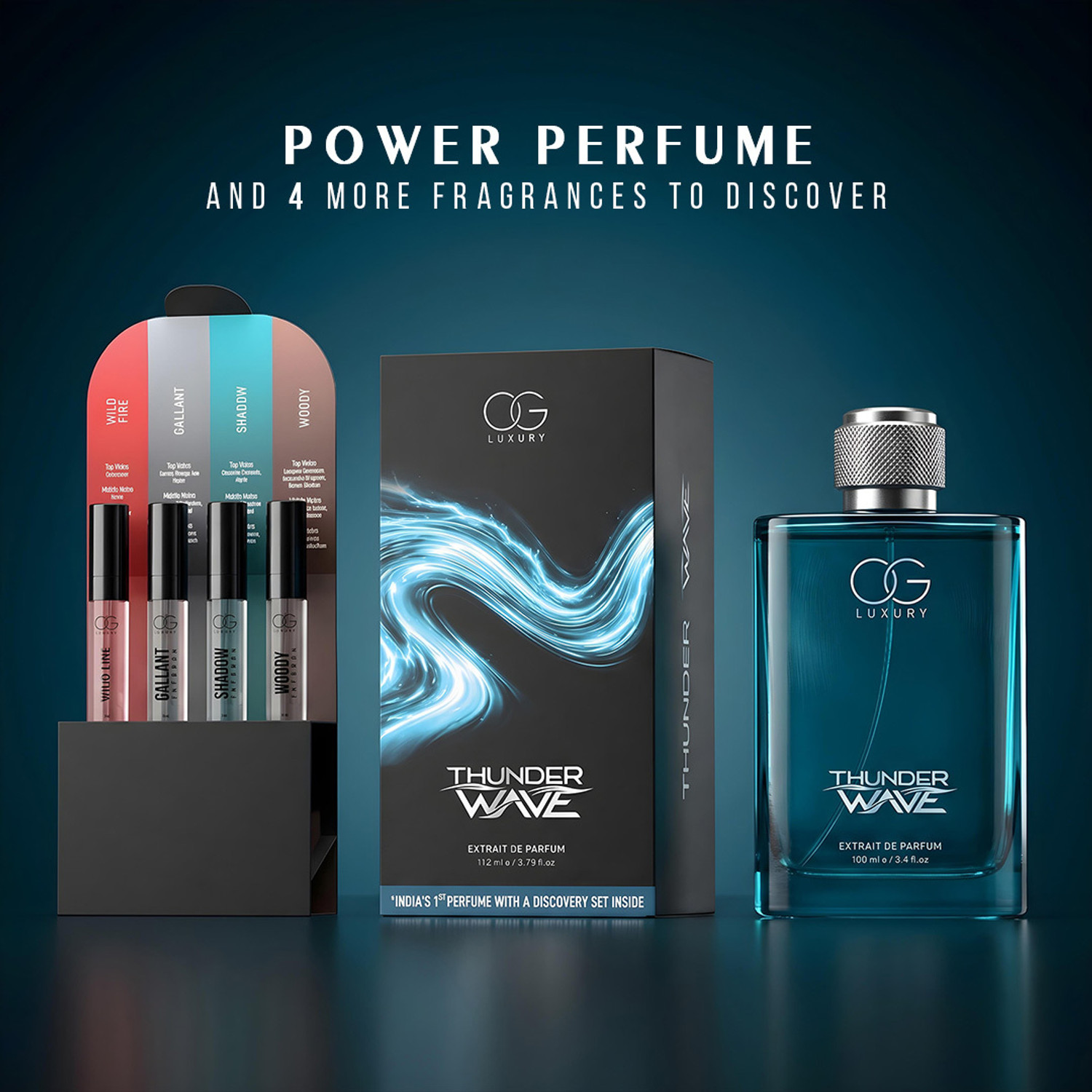 Image of OG LUXURY Thunder Wave | India's First Perfume with Discovery Set Inside (4 Perfumex3ml) Extrait De Parfum - 112 ml